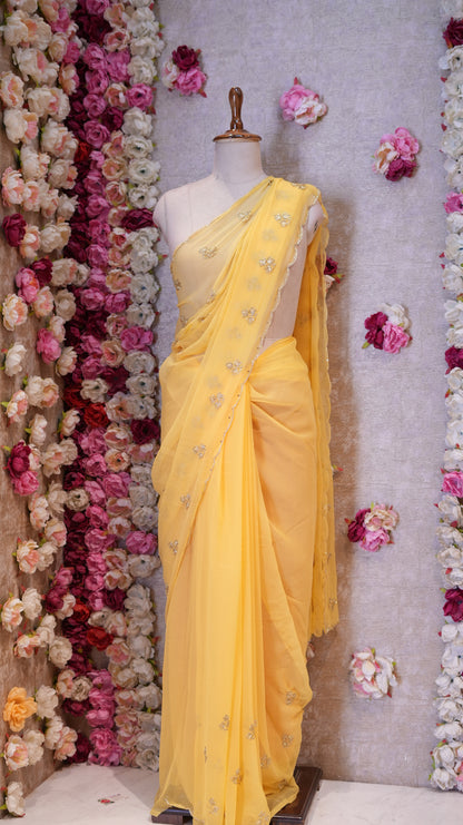 CUTDANA AND AARI WORK SAREE WITH SMALL BUTTI PATTERN AND CUTDANA BORDER (WITH RUNING BLOUSE) ##SR480