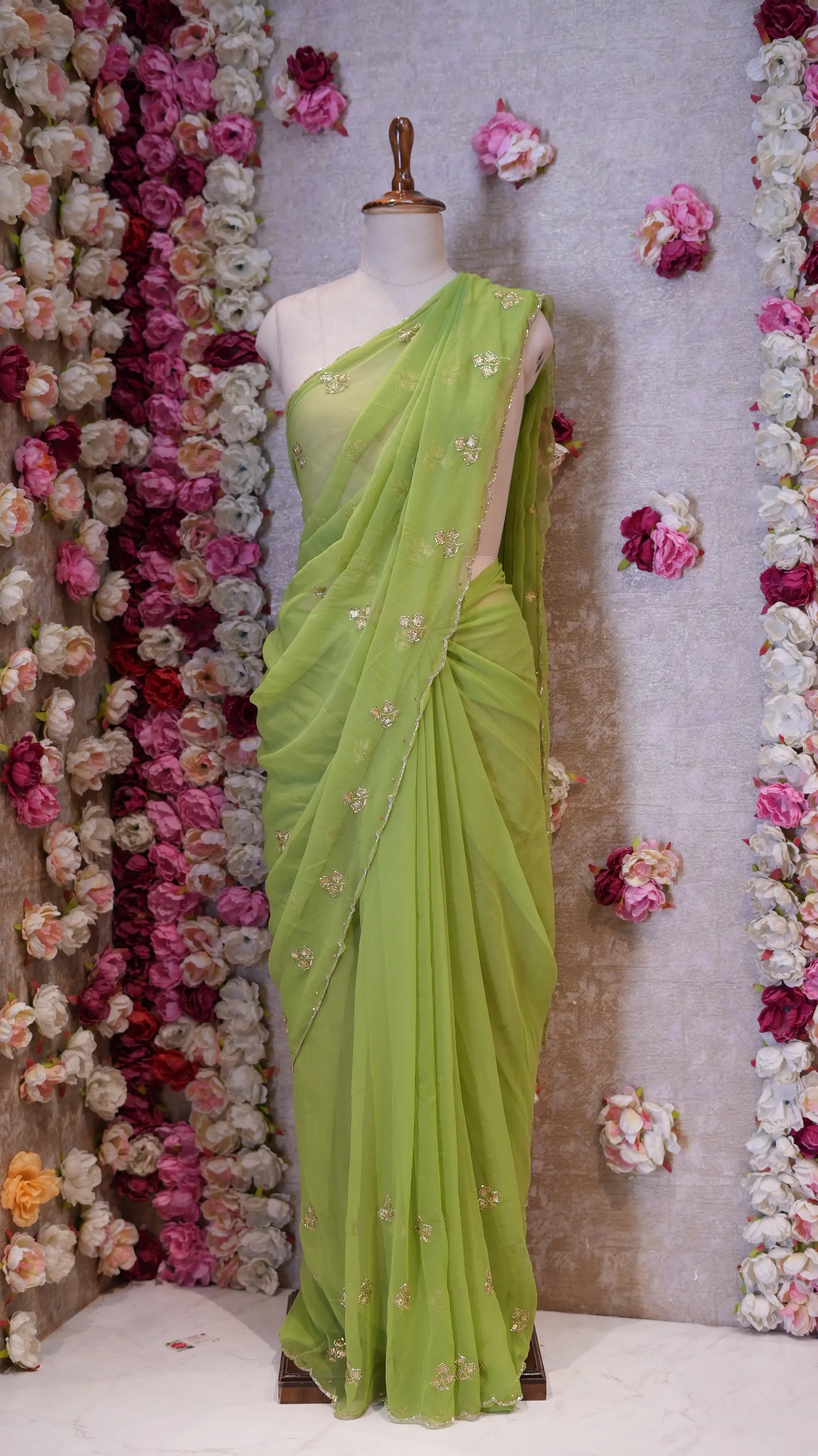 Saree with Cutdana & Aari Work, Small Butti Pattern & Cutdana Border (With Blouse)