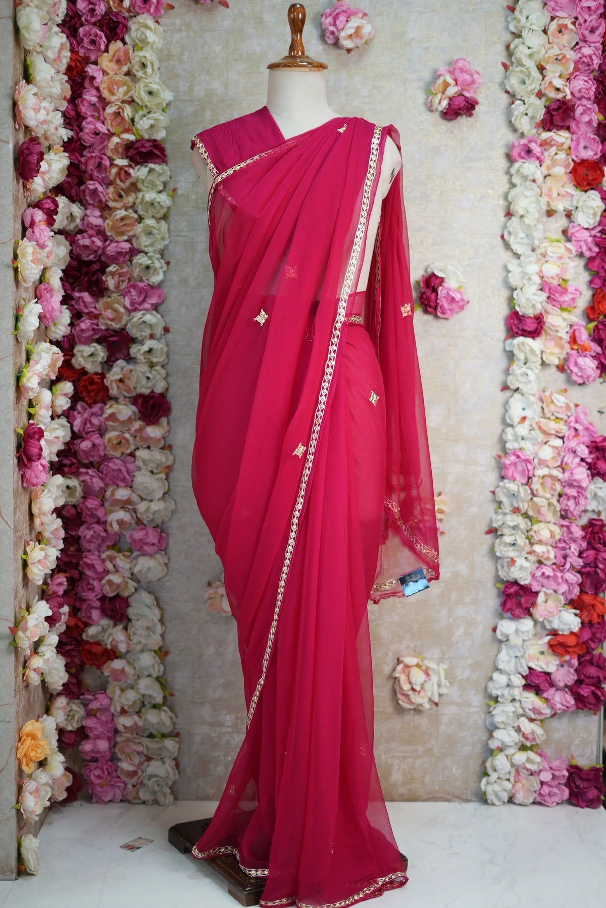 Pure Chiffon Saree with Handcrafted Golden Danka Work (with Blouse)