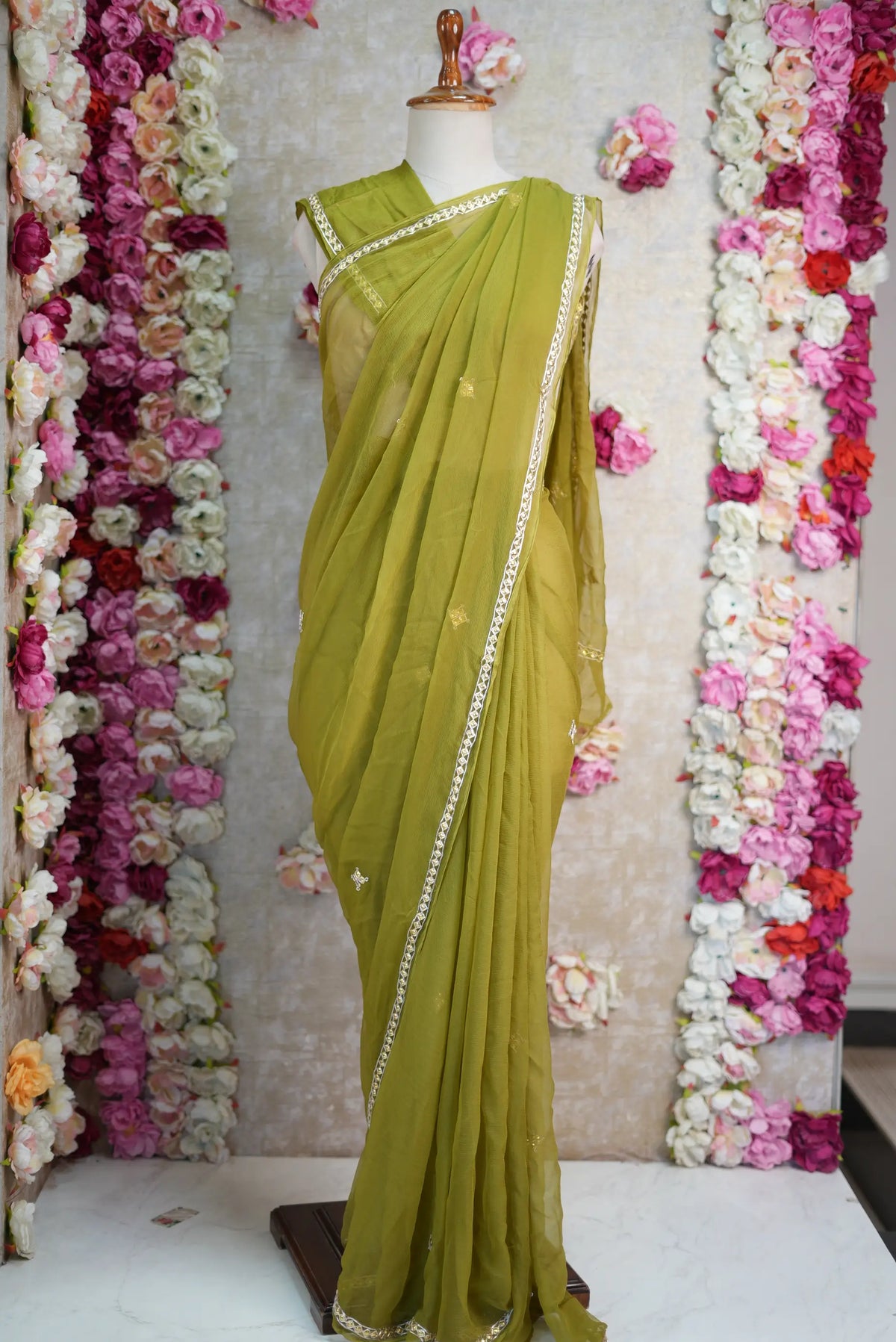Pure Chiffon Saree with Handcrafted Golden Danka Work (with Blouse)