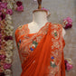 PURE GEORGETTE FABRIC RUST ORANGE COLOUR AARI AND CUT WORK PATTERN  WITH SEQUENCE & PATCH WORK HANDWORK SAREE  ##SR0225