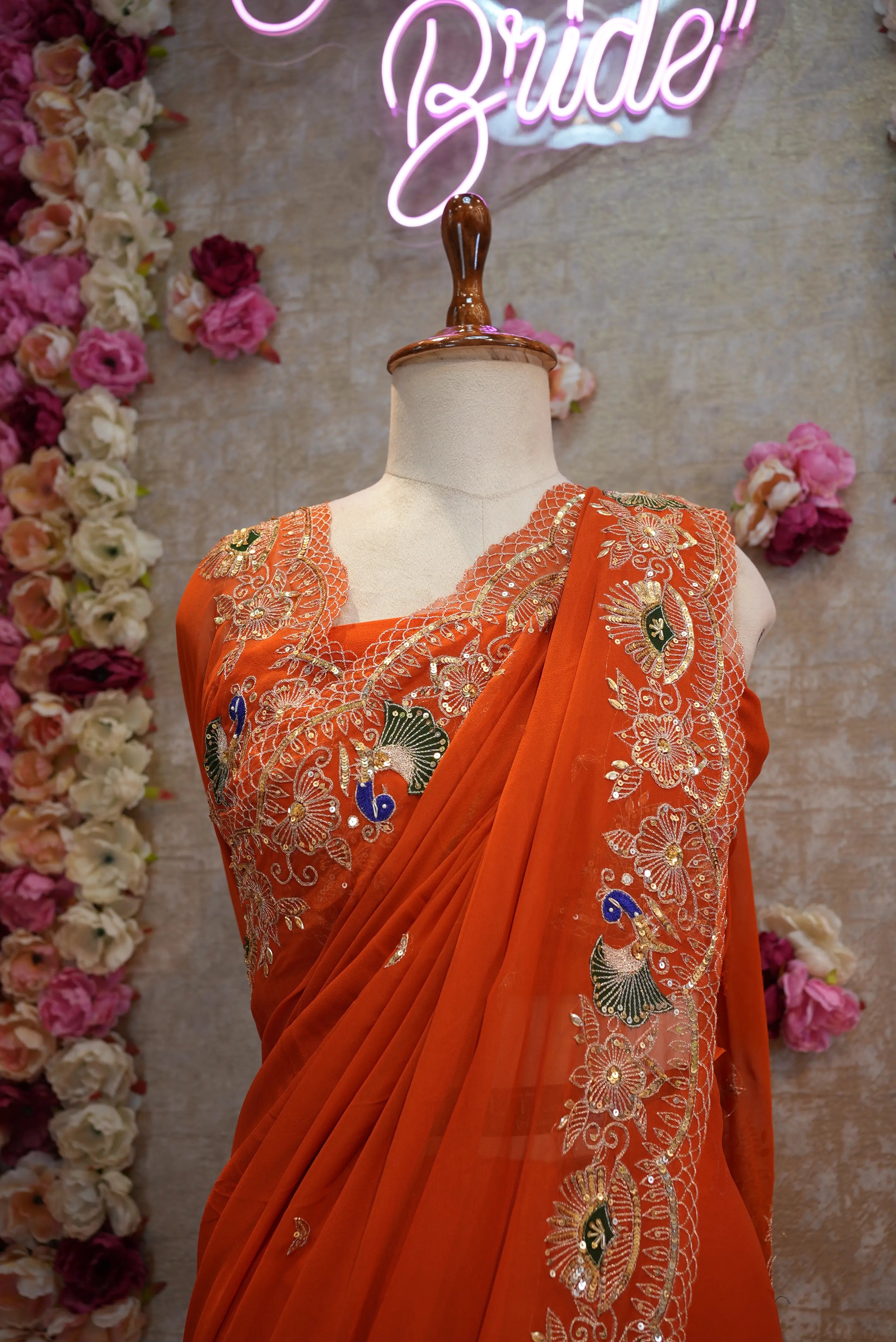 Rust Orange Georgette Saree with Aari & Sequence Work