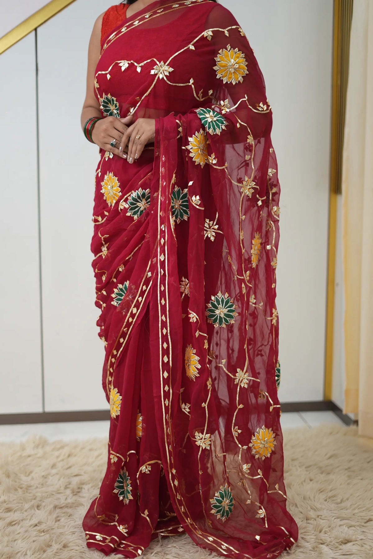 Pure Chiffon Gota Patti Handwork Saree Jaal Pattern with Aangi Style Unstitched Blouse | Odhani By SRN