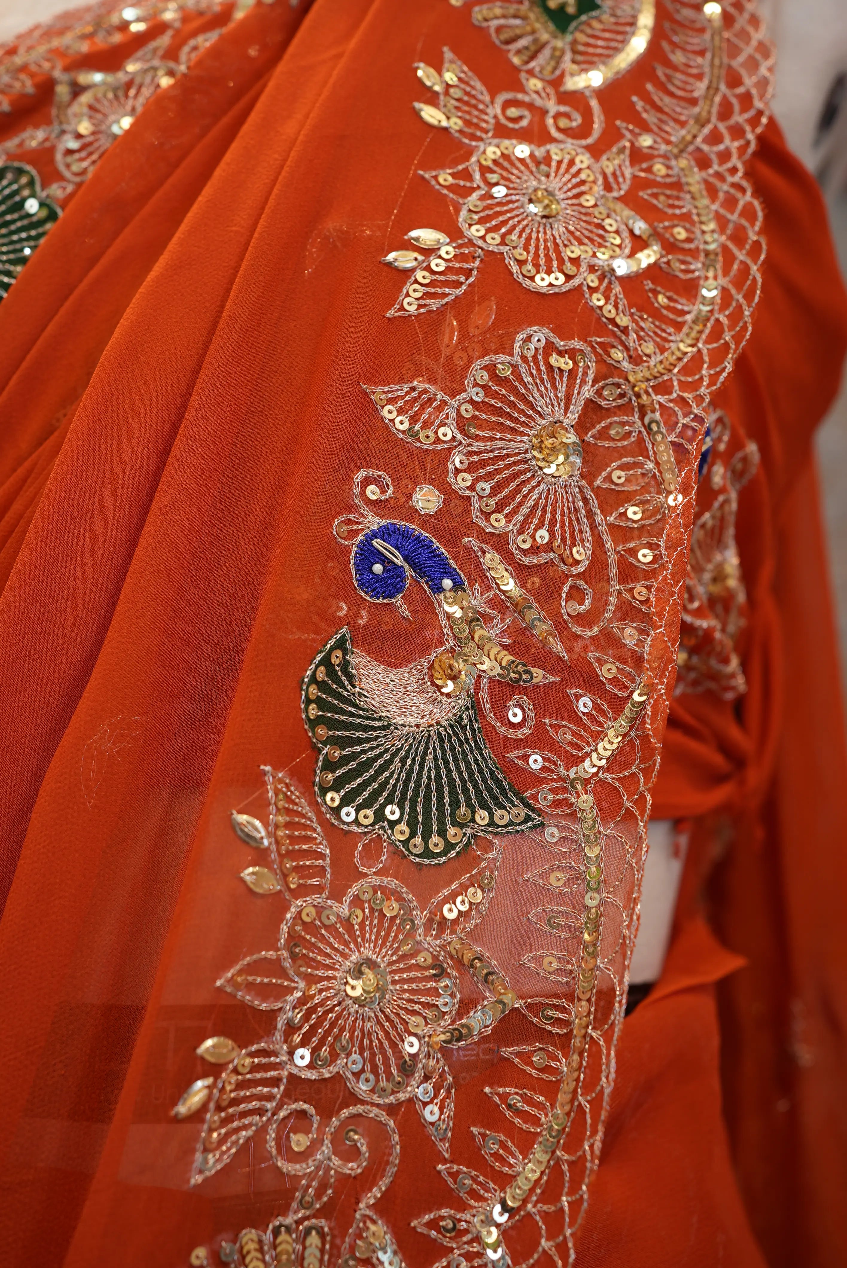 Rust Orange Georgette Saree with Aari & Sequence Work
