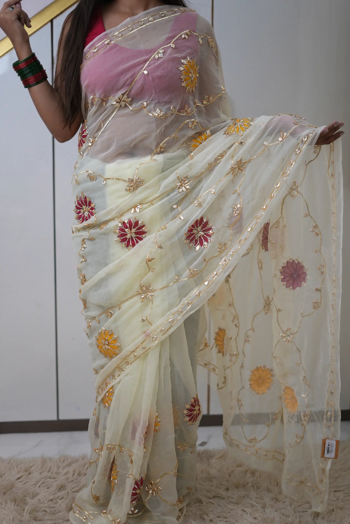 Pure Chiffon Gota Patti Handwork Saree Jaal Pattern with Aangi Style Unstitched Blouse | Odhani By SRN