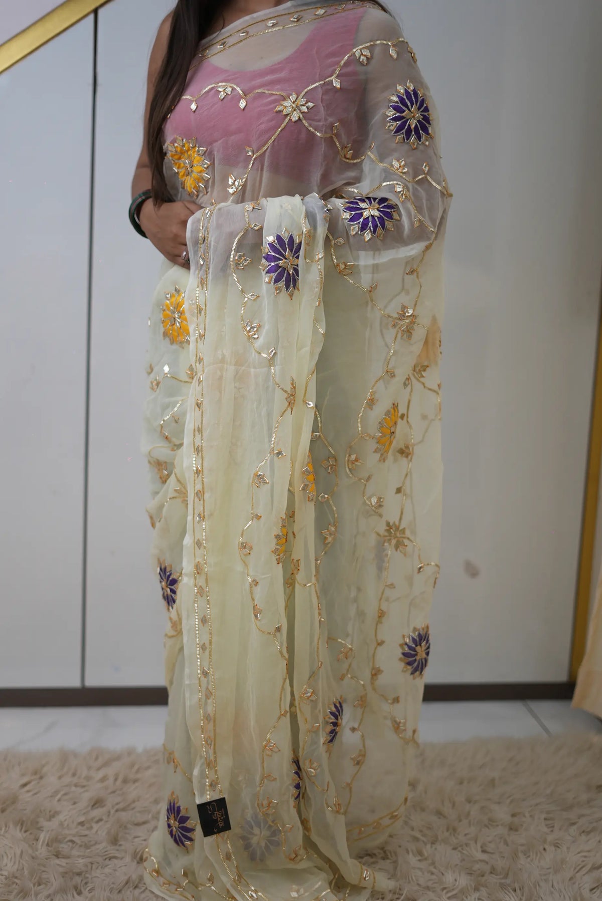 Pure Chiffon Gota Patti Handwork Saree Jaal Pattern with Aangi Style Unstitched Blouse | Odhani By SRN