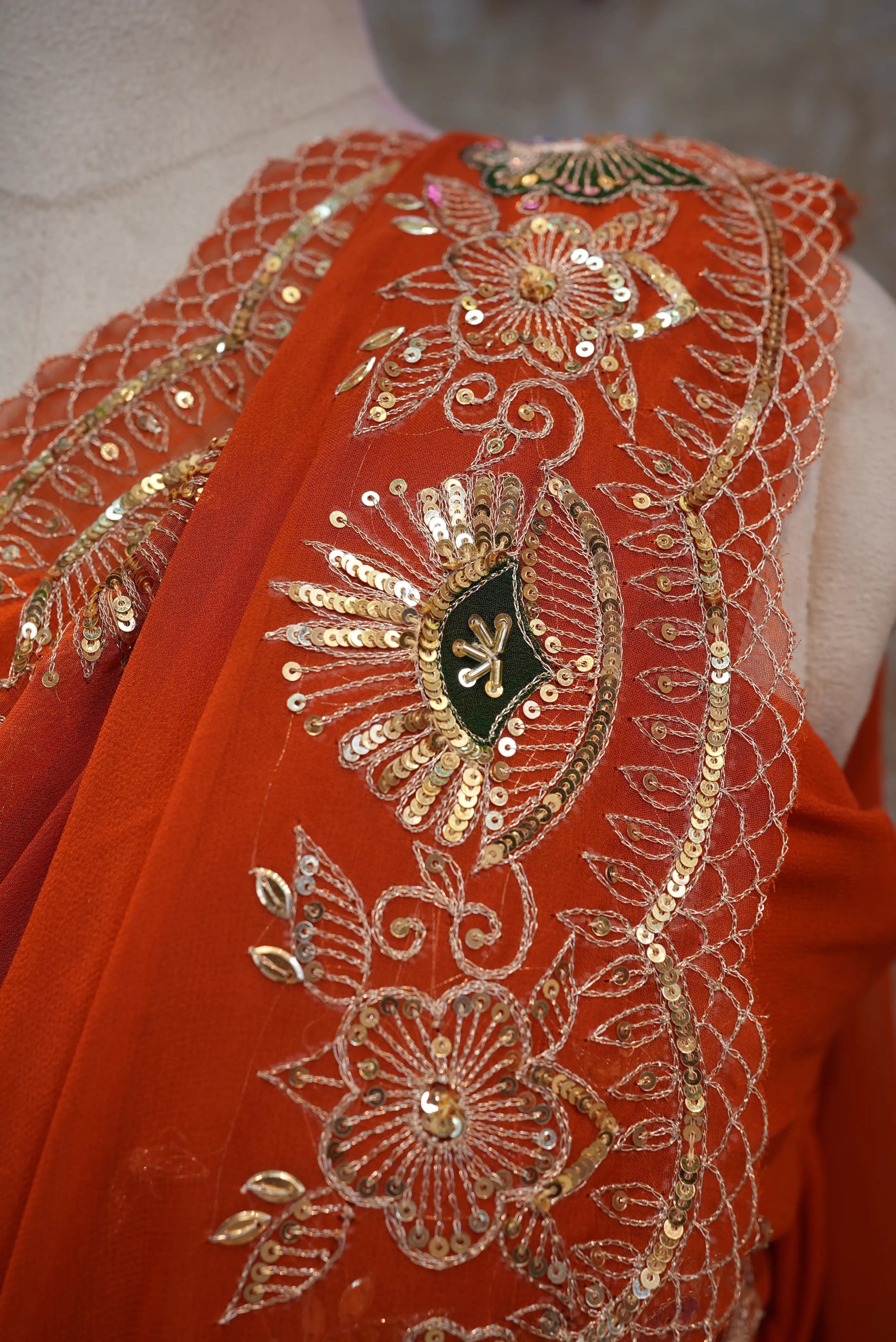 Rust Orange Georgette Saree with Aari & Sequence Work