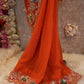 PURE GEORGETTE FABRIC RUST ORANGE COLOUR AARI AND CUT WORK PATTERN  WITH SEQUENCE & PATCH WORK HANDWORK SAREE  ##SR0225