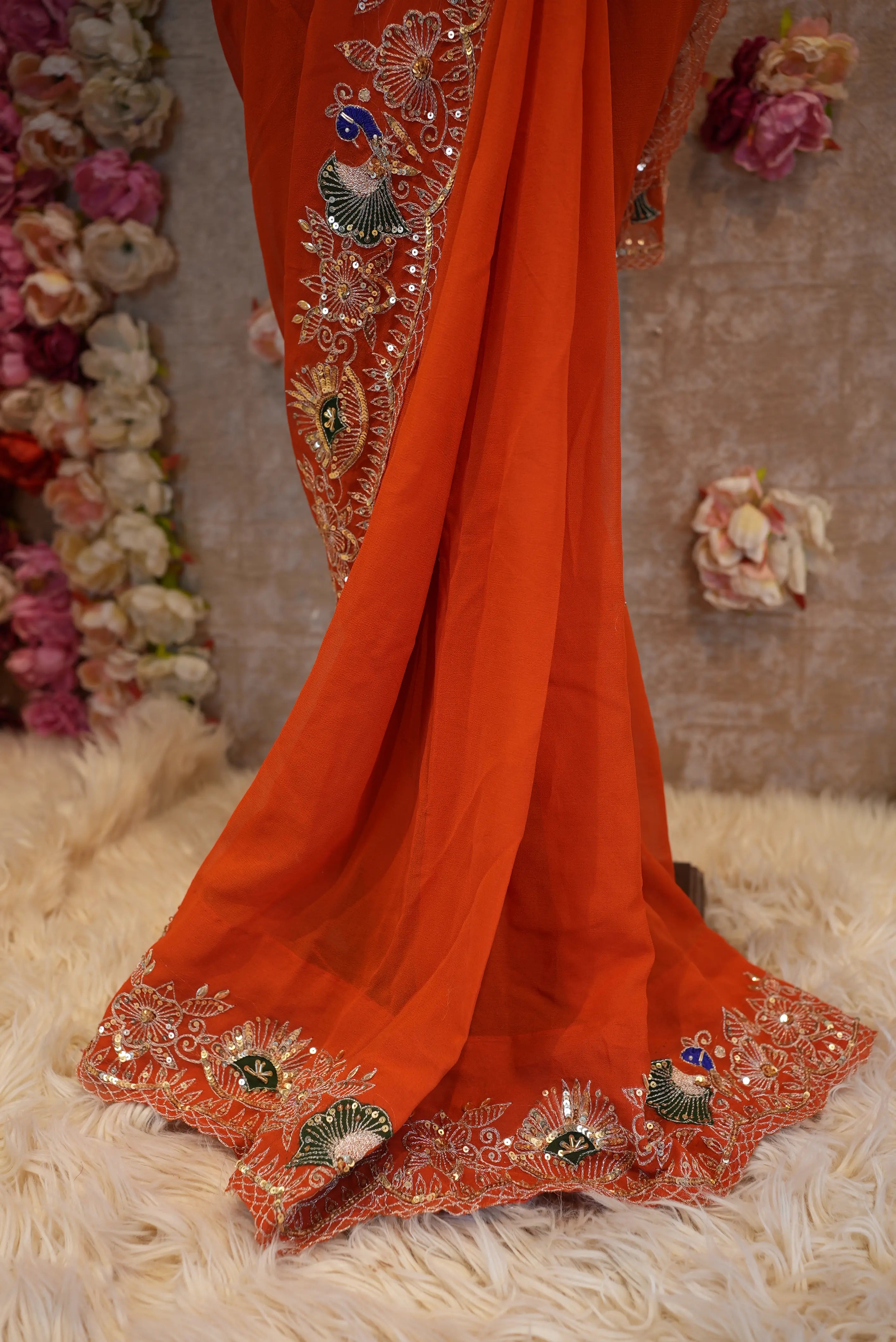 Rust Orange Georgette Saree with Aari & Sequence Work