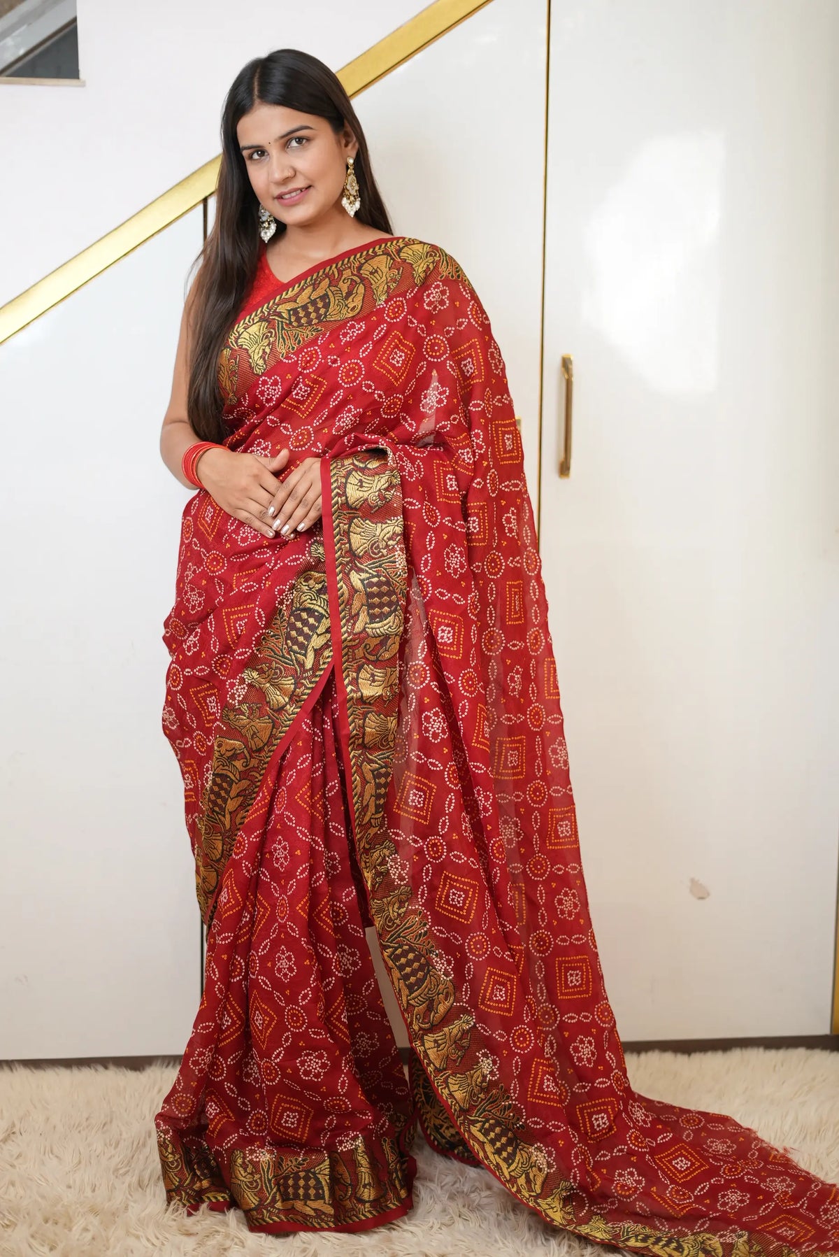 Taffeta Silk Bandhani Print Saree with Zari Doli Baraat Woven Border