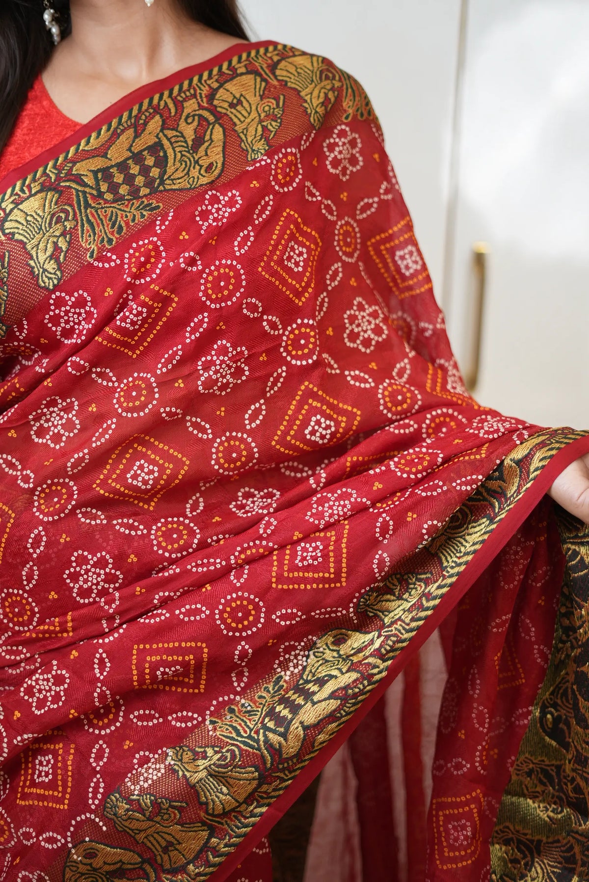 Taffeta Silk Bandhani Print Saree with Zari Doli Baraat Woven Border