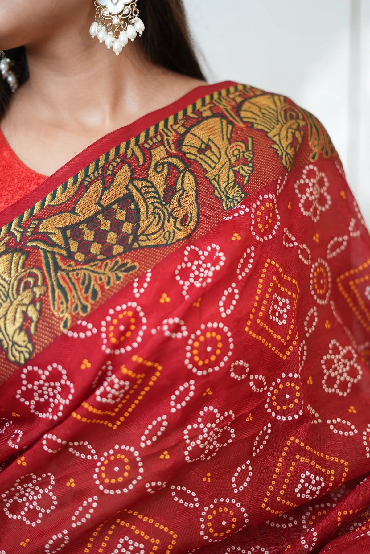 Taffeta Silk Bandhani Print Saree with Zari Doli Baraat Woven Border