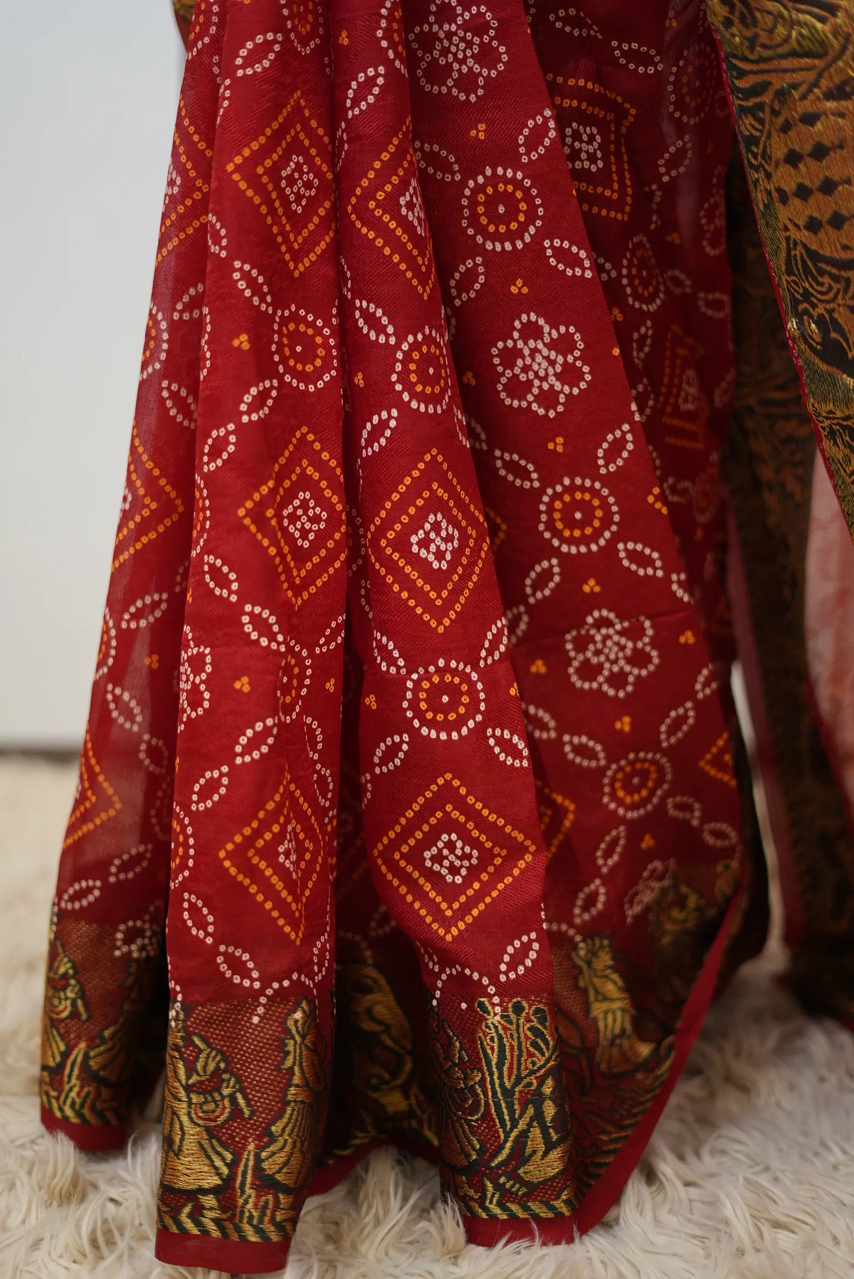 Taffeta Silk Bandhani Print Saree with Zari Doli Baraat Woven Border