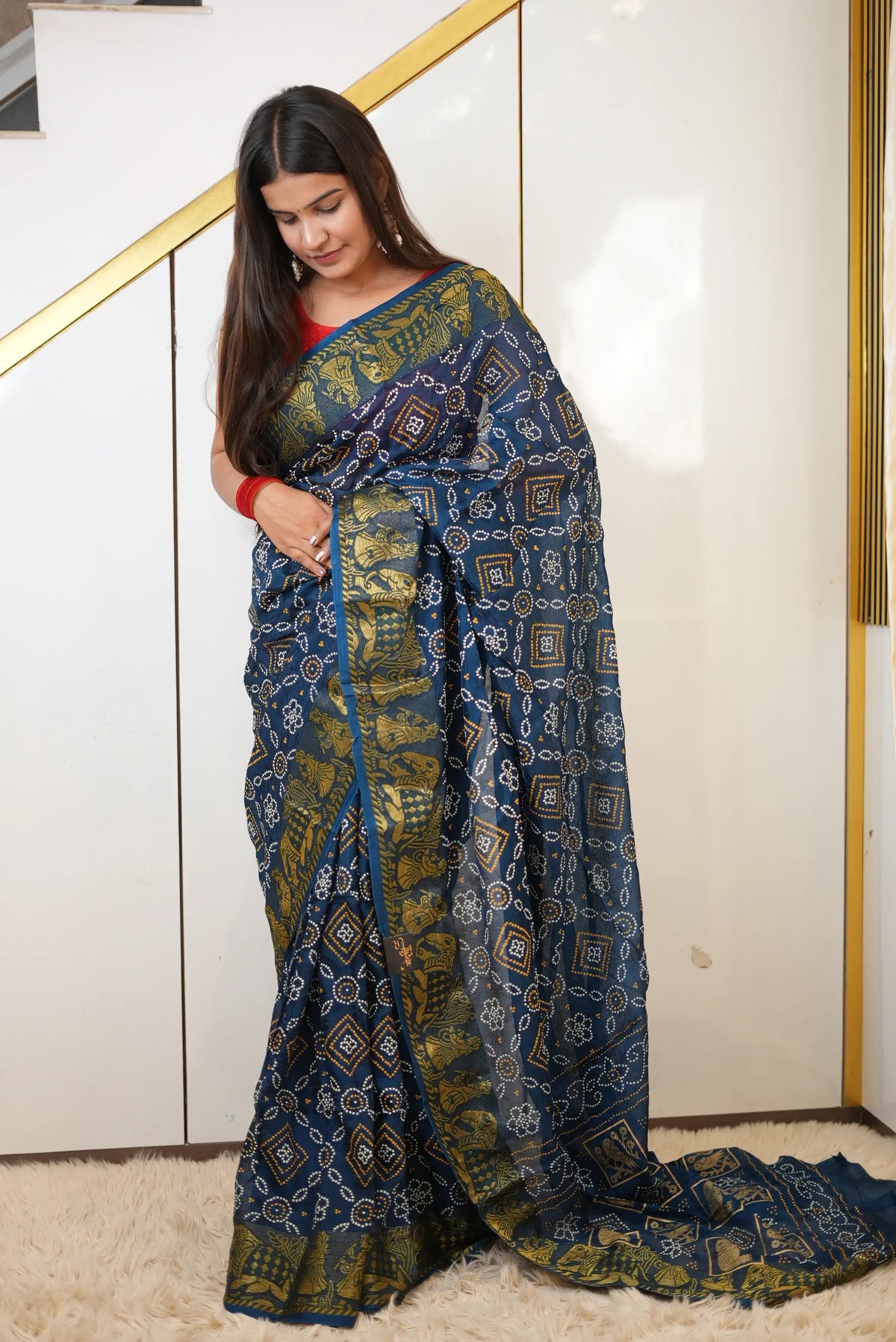 Taffeta Silk Bandhani Print Saree with Zari Doli Baraat Woven Border