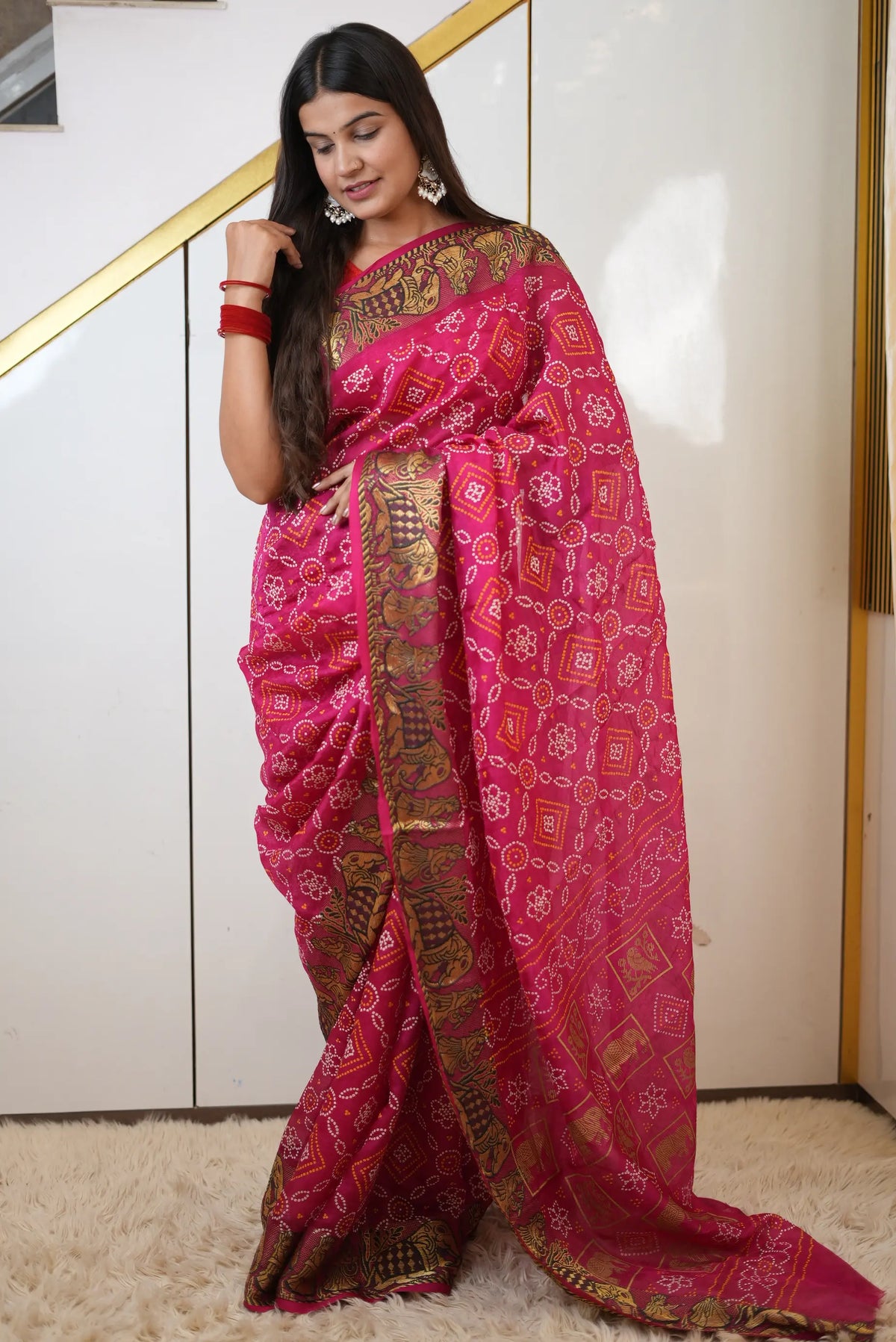 Taffeta Silk Bandhani Print Saree with Zari Doli Baraat Woven Border