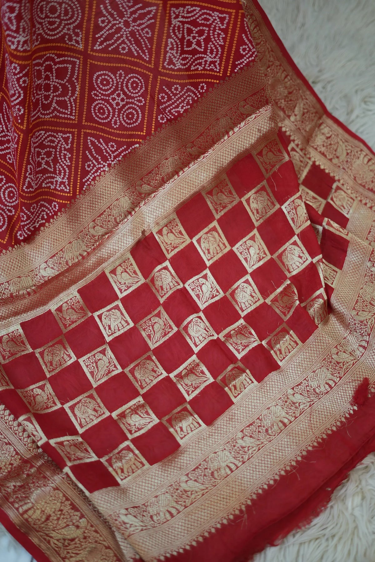 Taffeta Silk Bandhani Print Saree with Animal Motif Zari Border