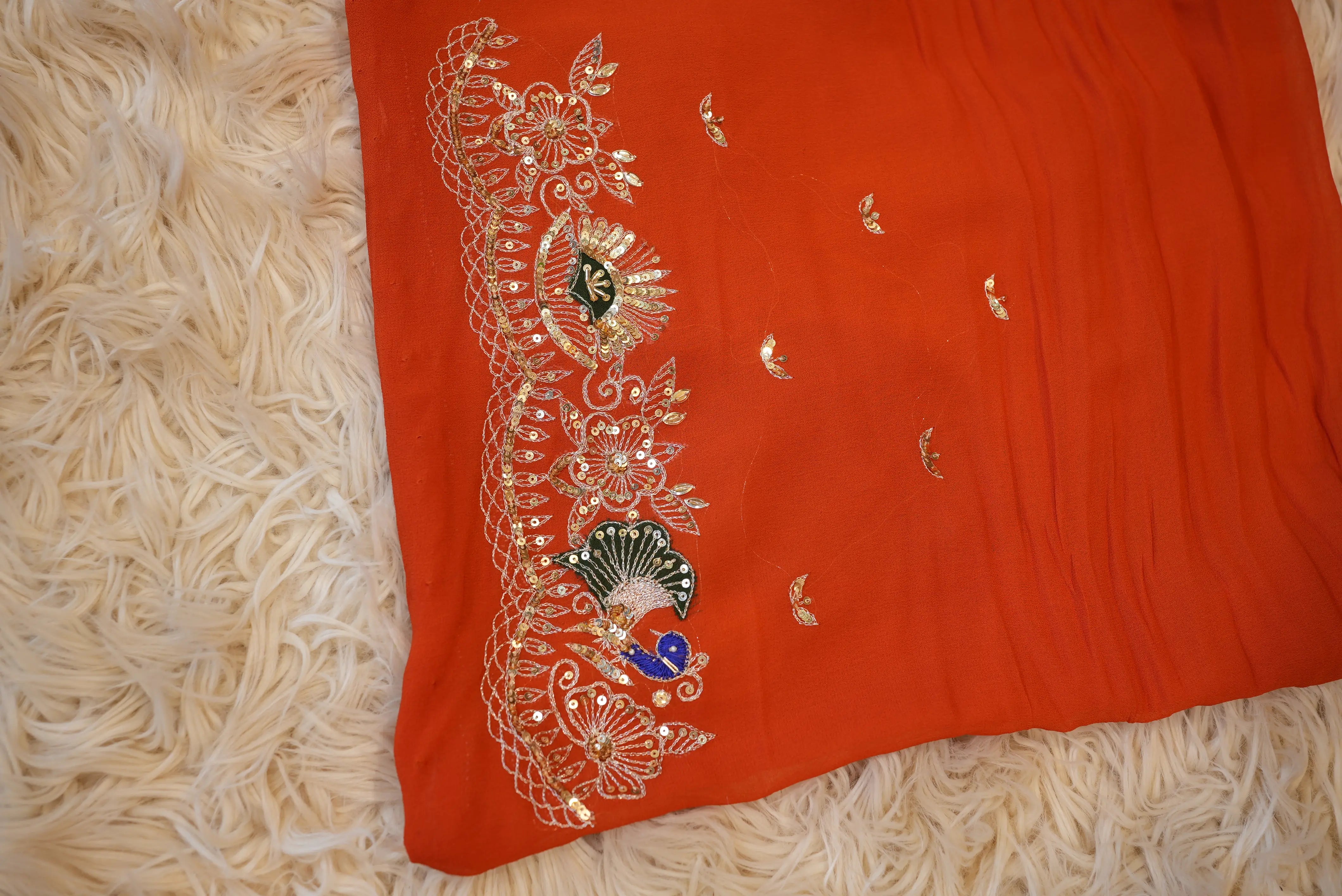 Rust Orange Georgette Saree with Aari & Sequence Work
