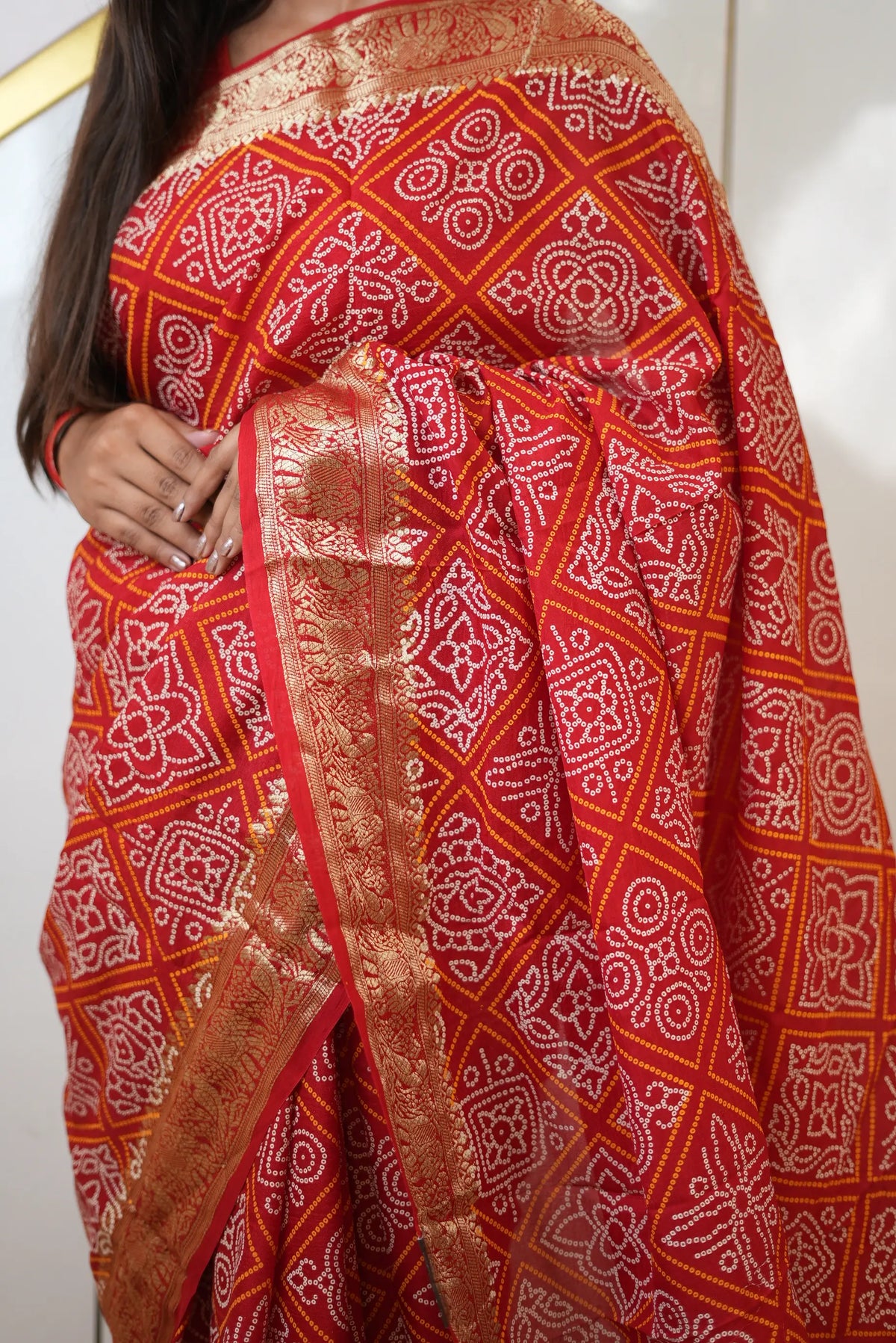 Taffeta Silk Bandhani Print Saree with Animal Motif Zari Border