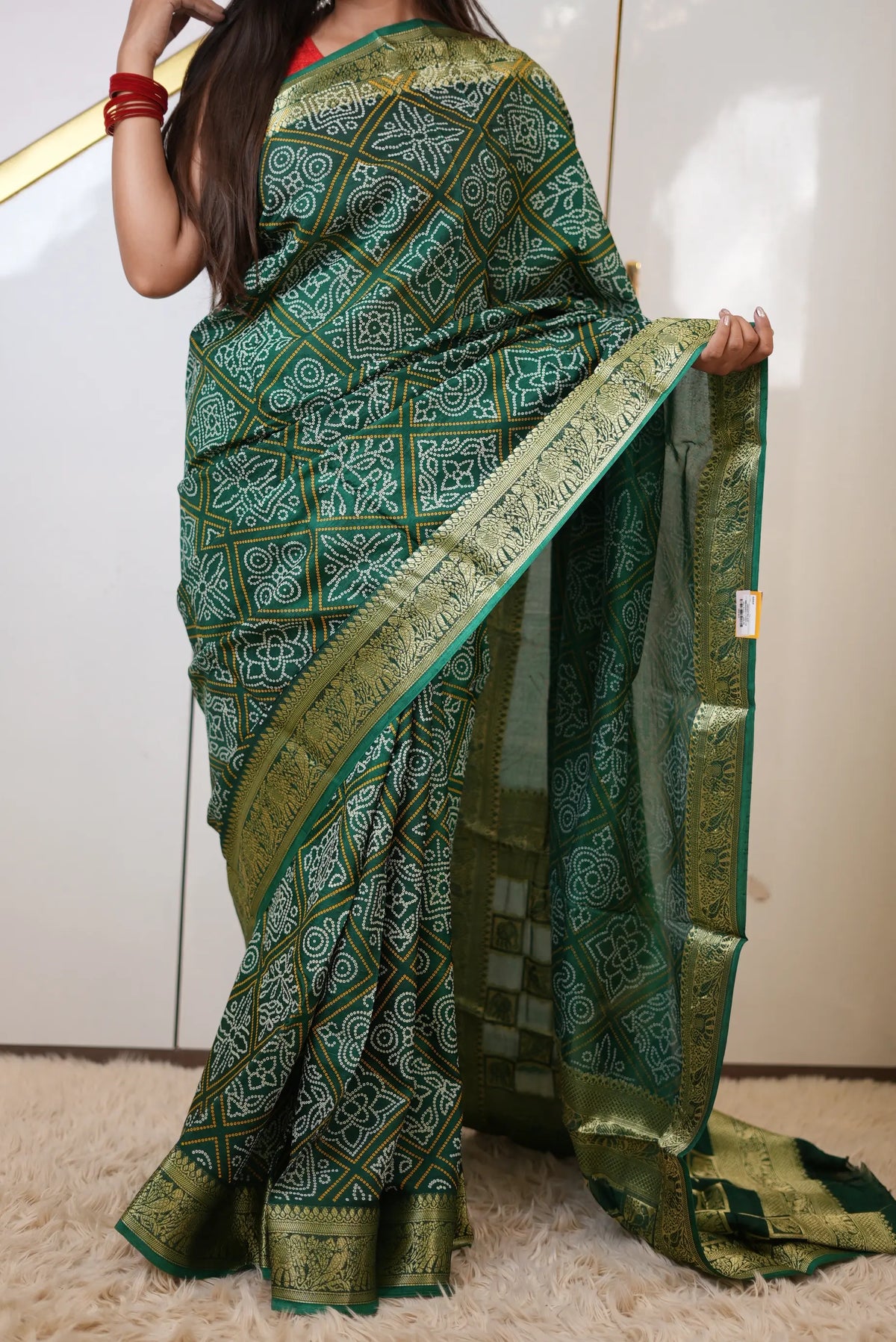 Taffeta Silk Bandhani Print Saree with Animal Motif Zari Border