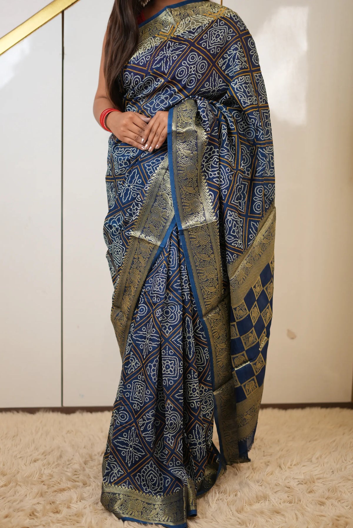 Taffeta Silk Bandhani Print Saree with Animal Motif Zari Border