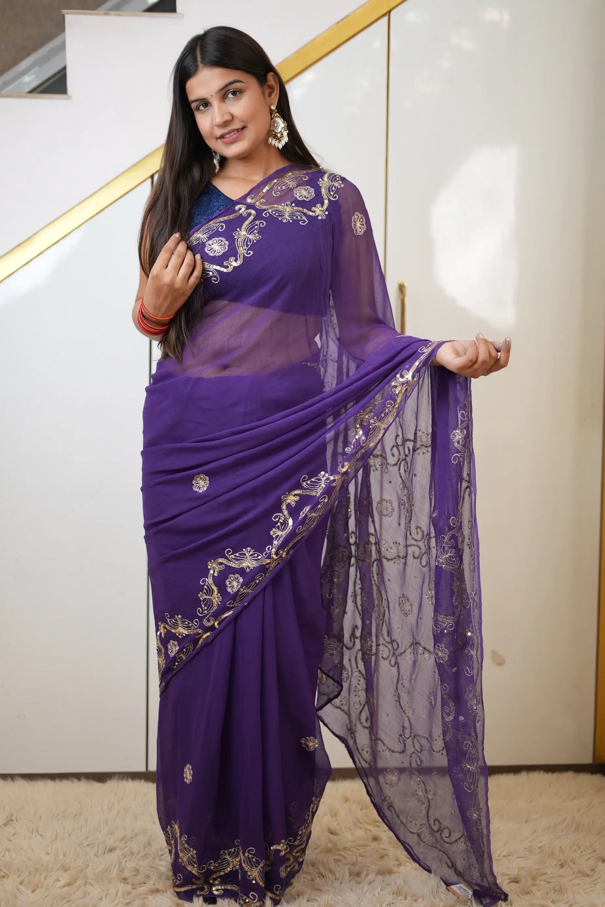 Pure Chiffon Purple Saree with Aari Tari & Sequin Jaal Work (with Blouse)