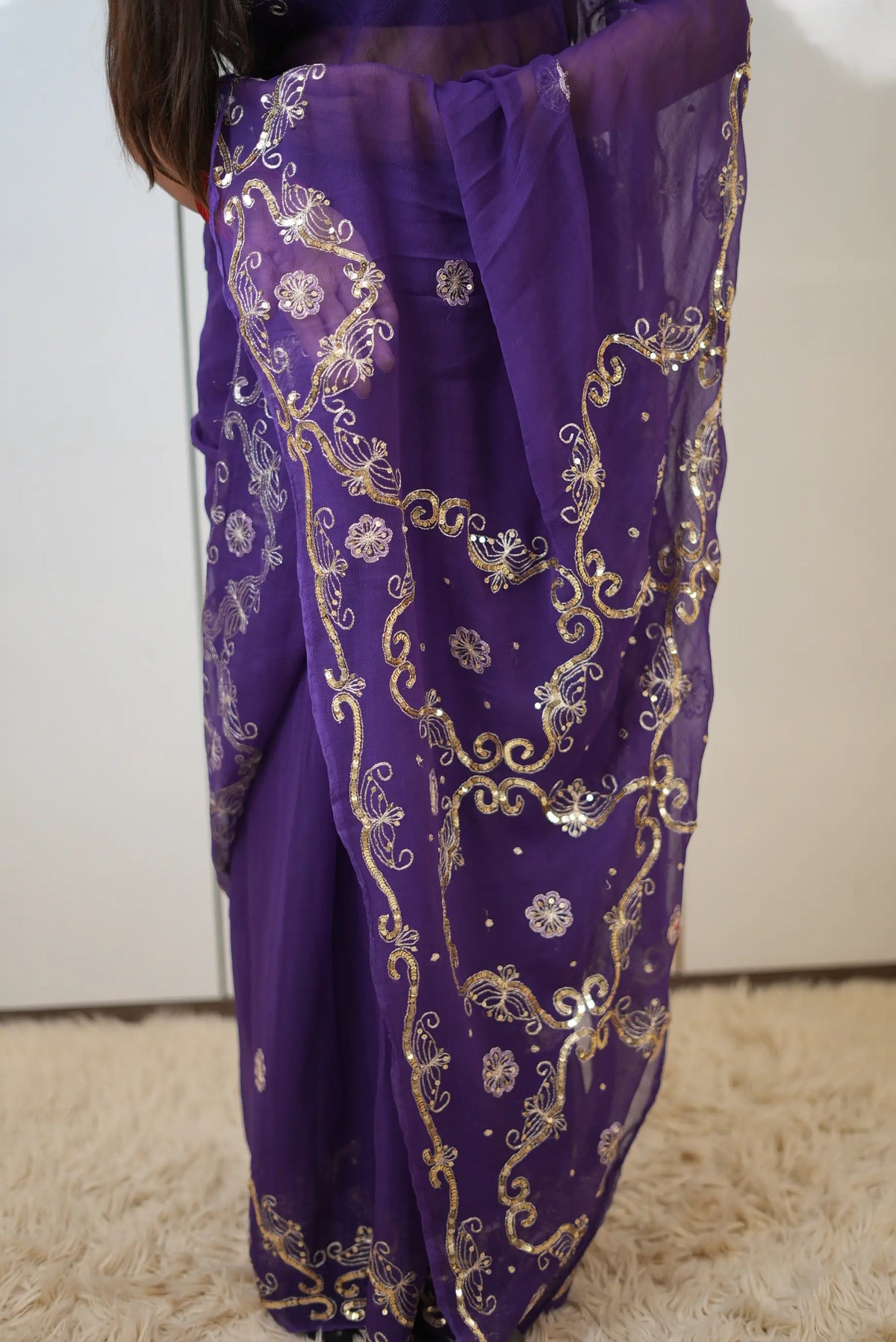Pure Chiffon Purple Saree with Aari Tari & Sequin Jaal Work (with Blouse)