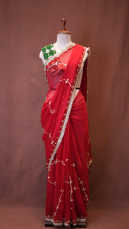 CHIFFON FABRIC SAREE WITH JAAL PATTERN AND GOTA PATTI WORK (WITH AANGI BLOUSE) ##SR628