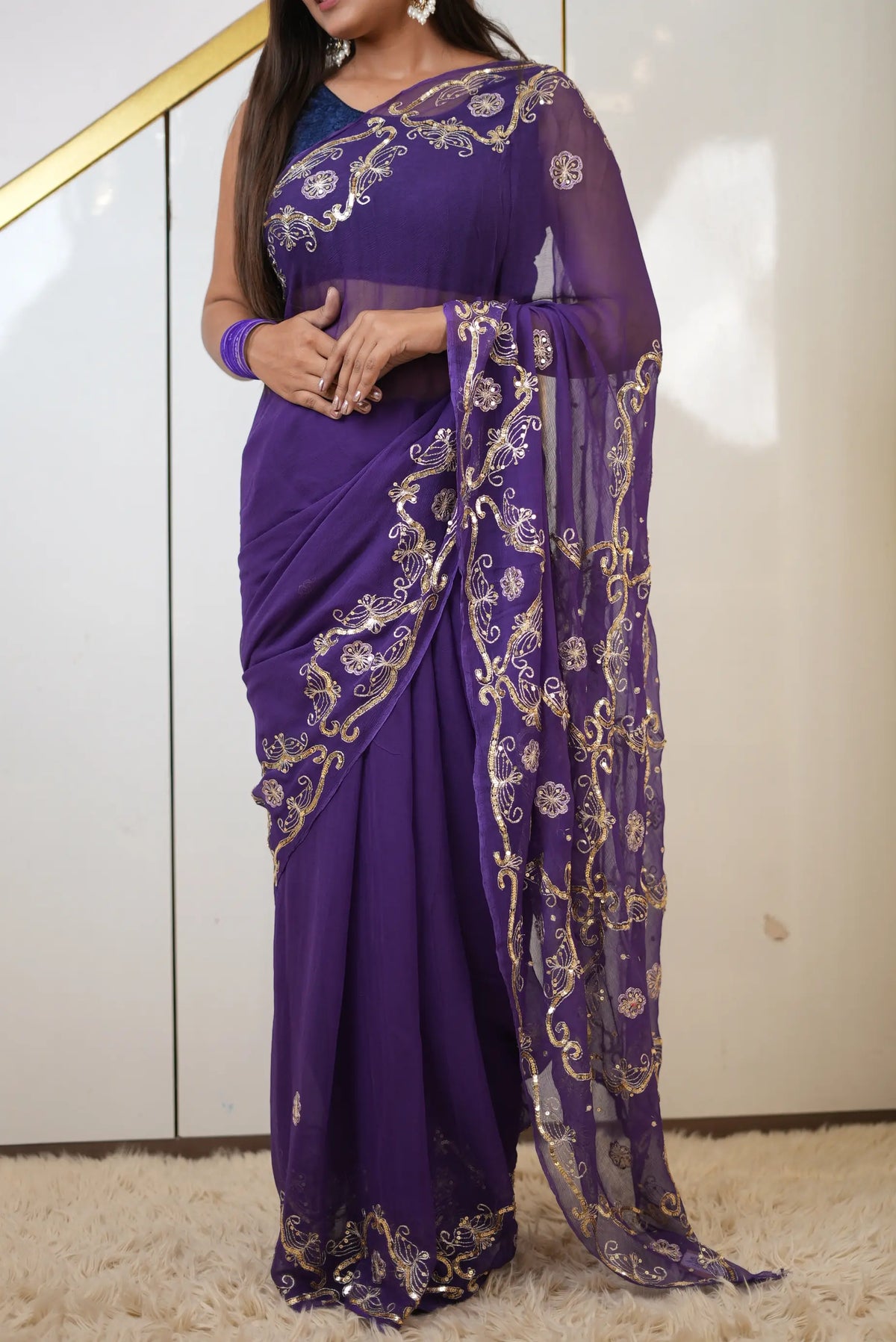 Pure Chiffon Purple Saree with Aari Tari & Sequin Jaal Work (with Blouse)
