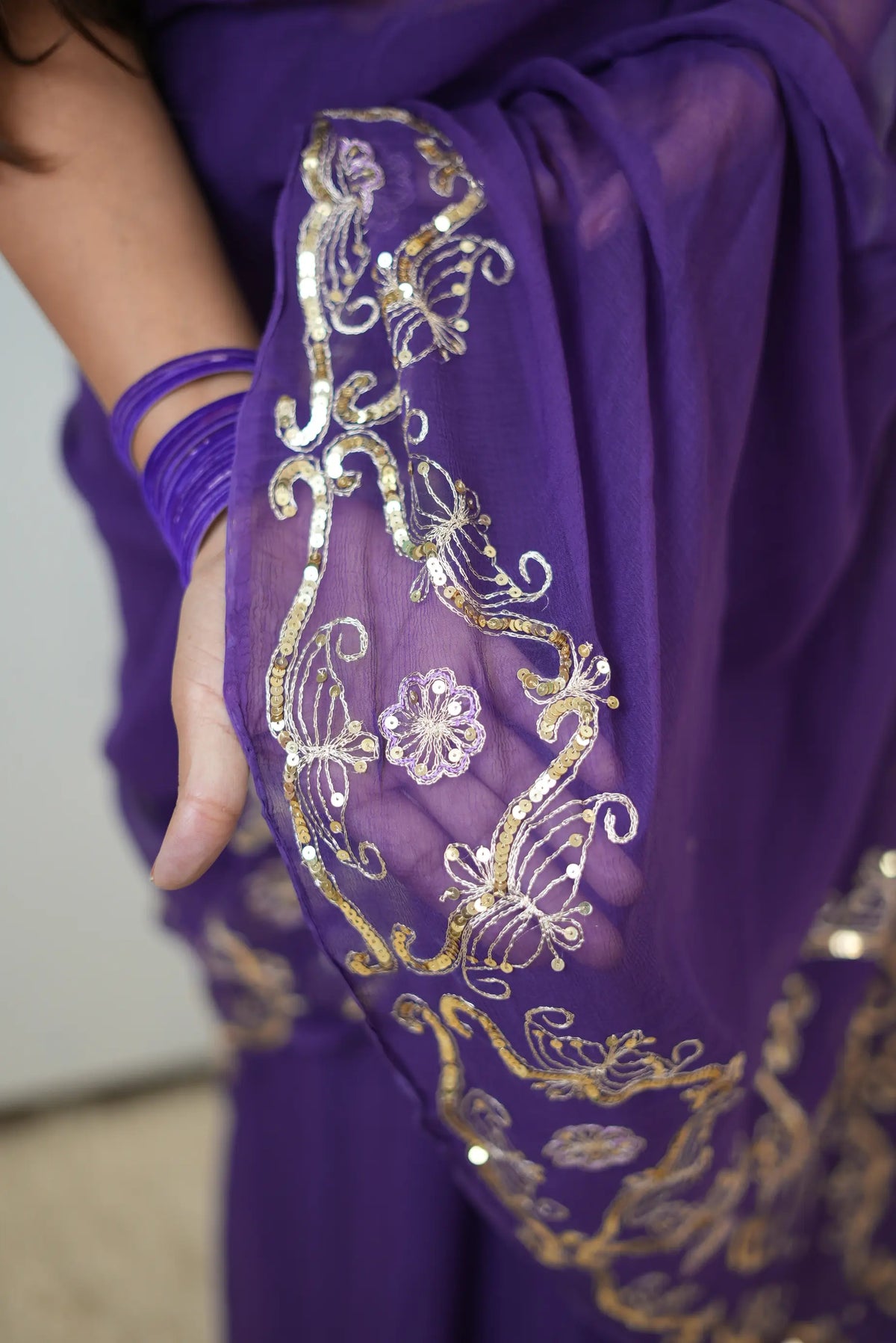 Pure Chiffon Purple Saree with Aari Tari & Sequin Jaal Work (with Blouse)