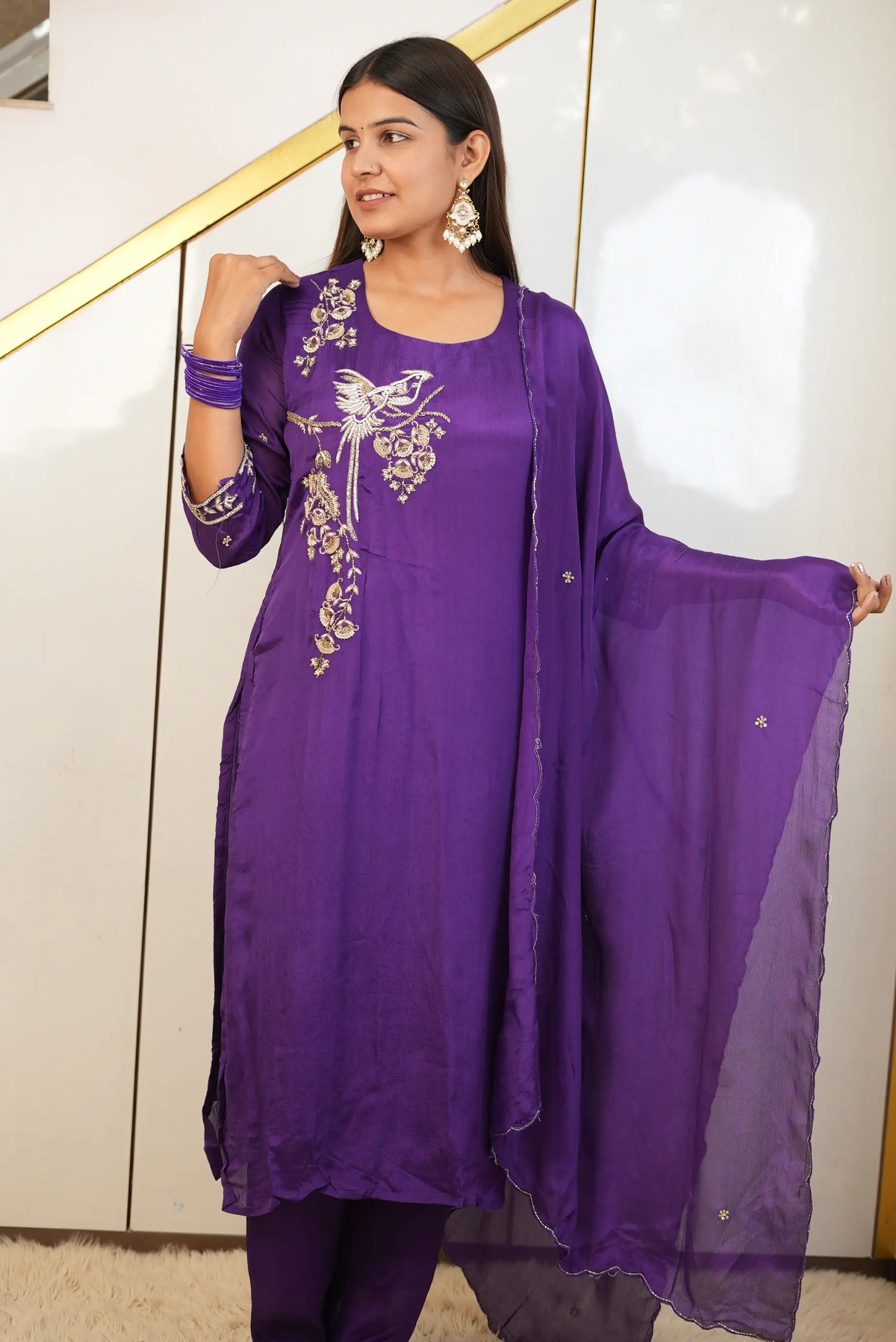Pure Silk 3-Piece Suit Set with Hand-Embroidered Cutdana, Sequin, Zardozi & Zari Work