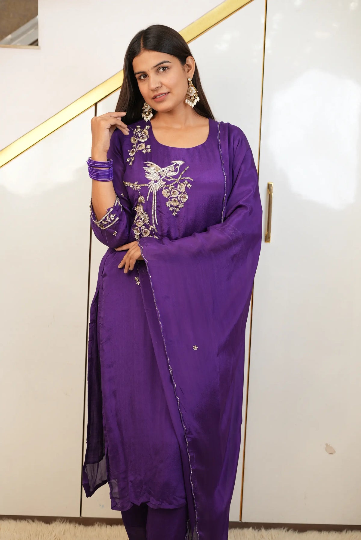 Pure Silk 3-Piece Suit Set with Hand-Embroidered Cutdana, Sequin, Zardozi & Zari Work