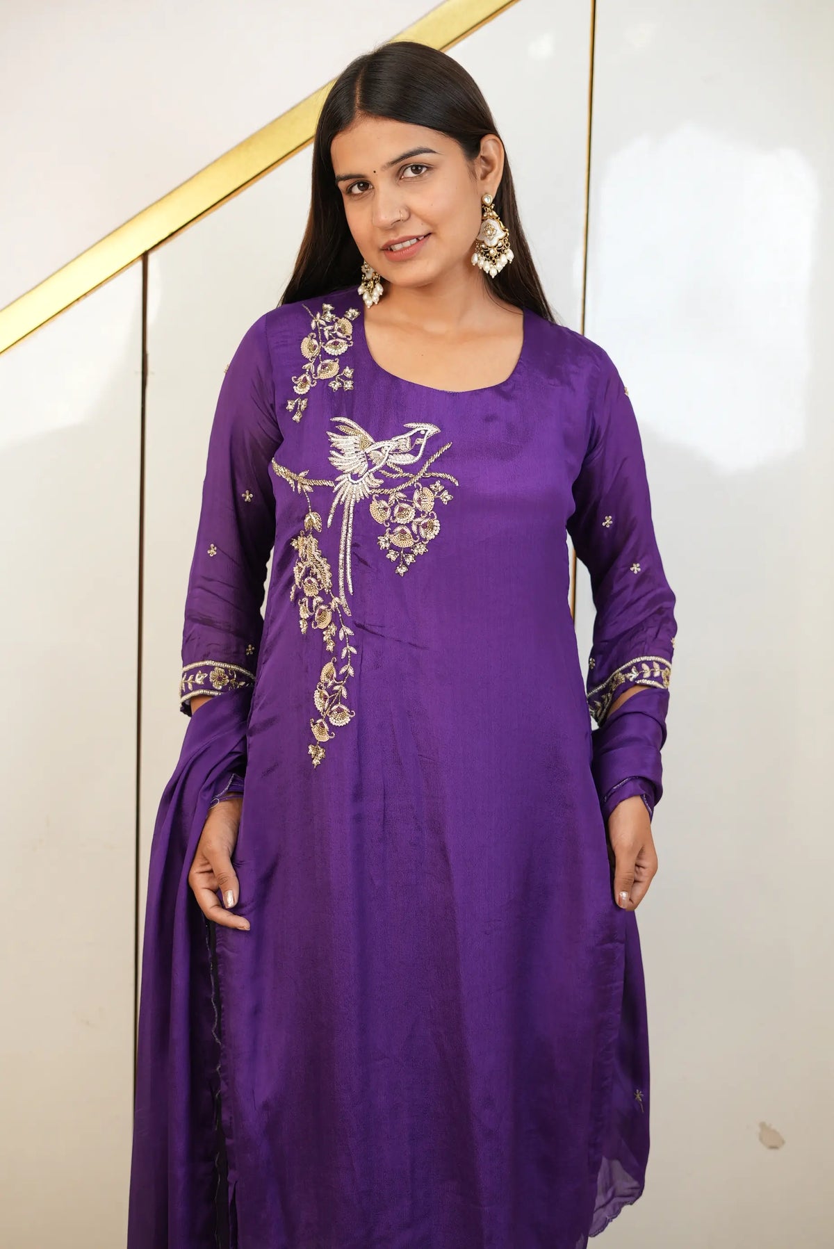 Pure Silk 3-Piece Suit Set with Hand-Embroidered Cutdana, Sequin, Zardozi & Zari Work