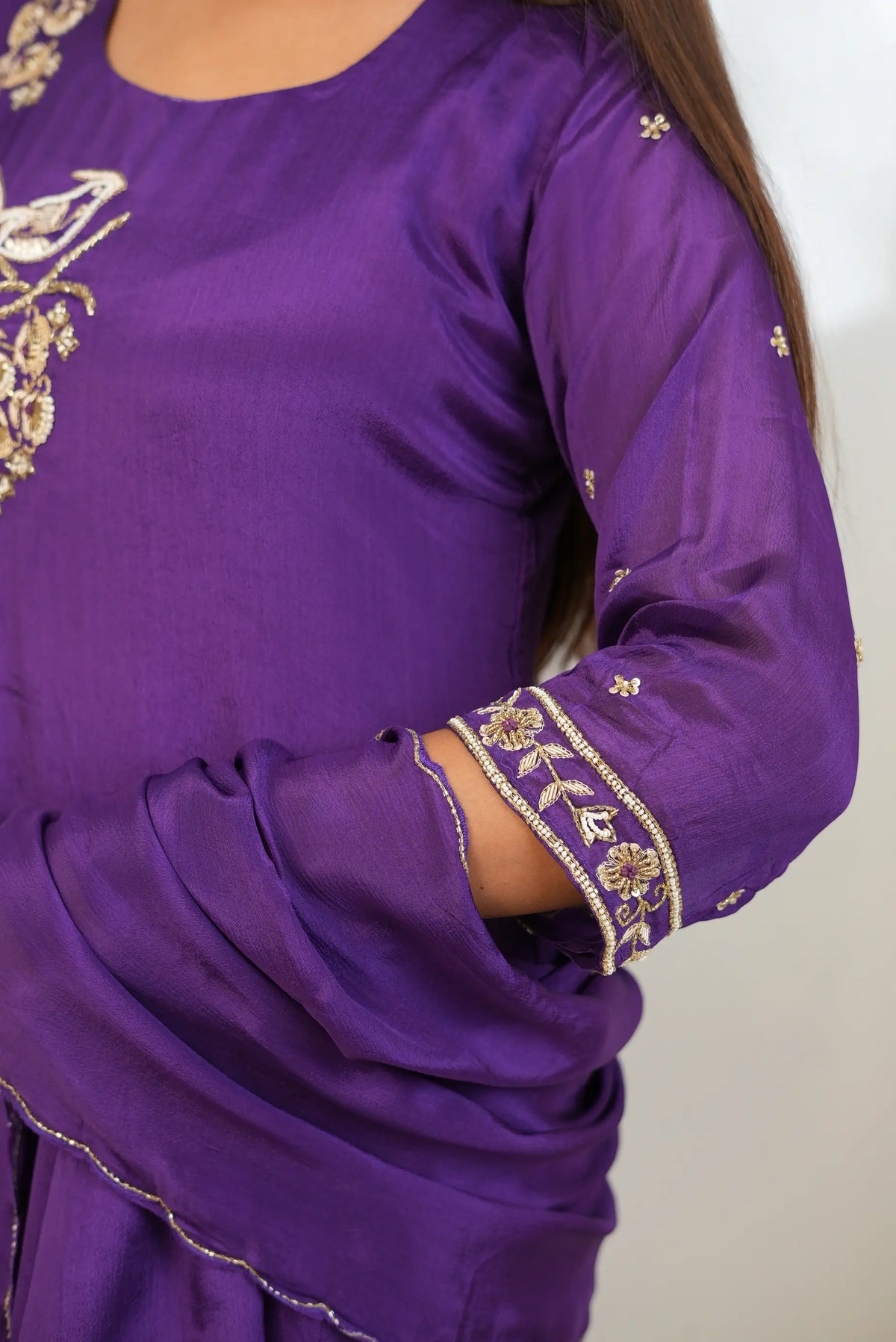 Pure Silk 3-Piece Suit Set with Hand-Embroidered Cutdana, Sequin, Zardozi & Zari Work