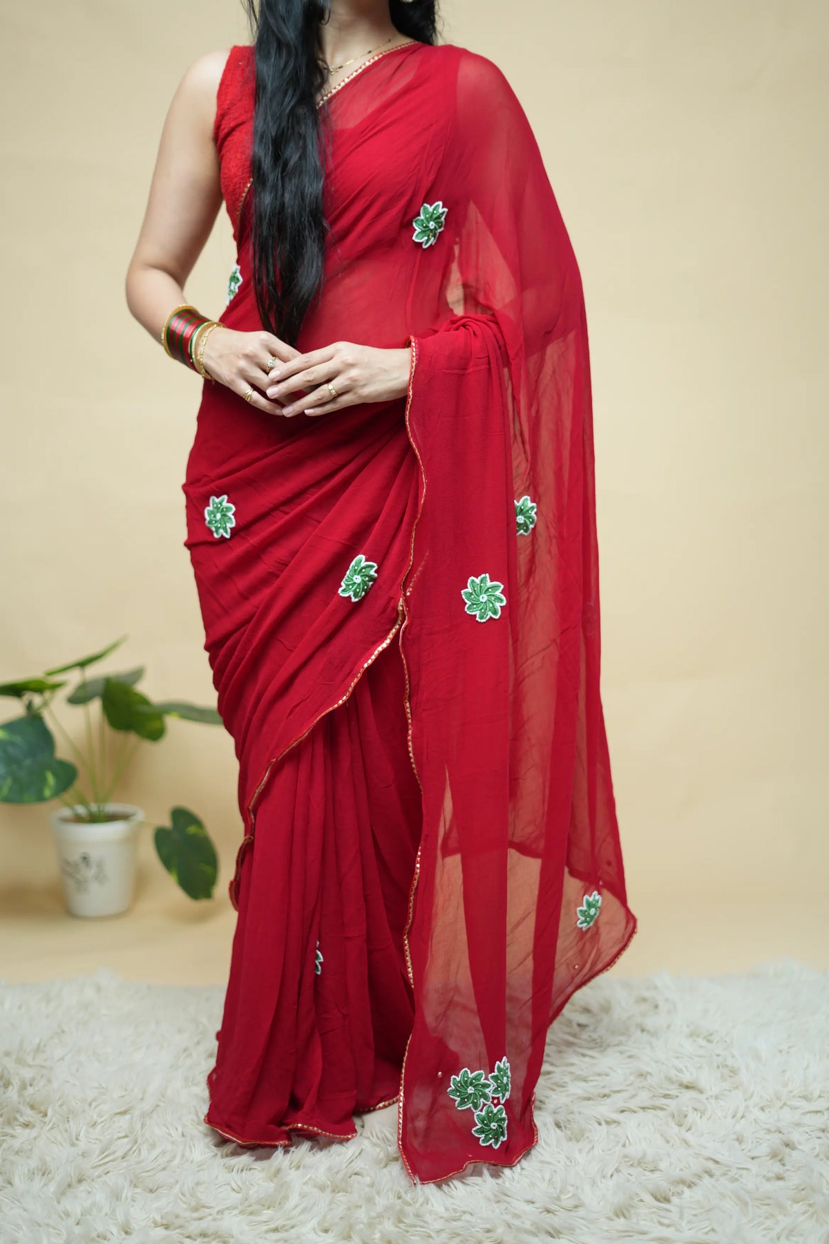 Pure Georgette Red Saree With Handwork Buti Pattern (With Blouse)