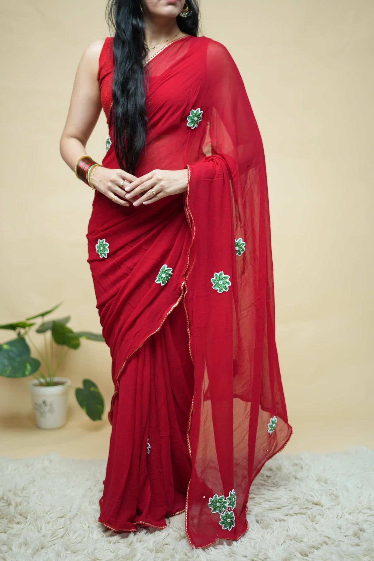 Pure Georgette Red Saree With Handwork Buti Pattern (With Blouse)