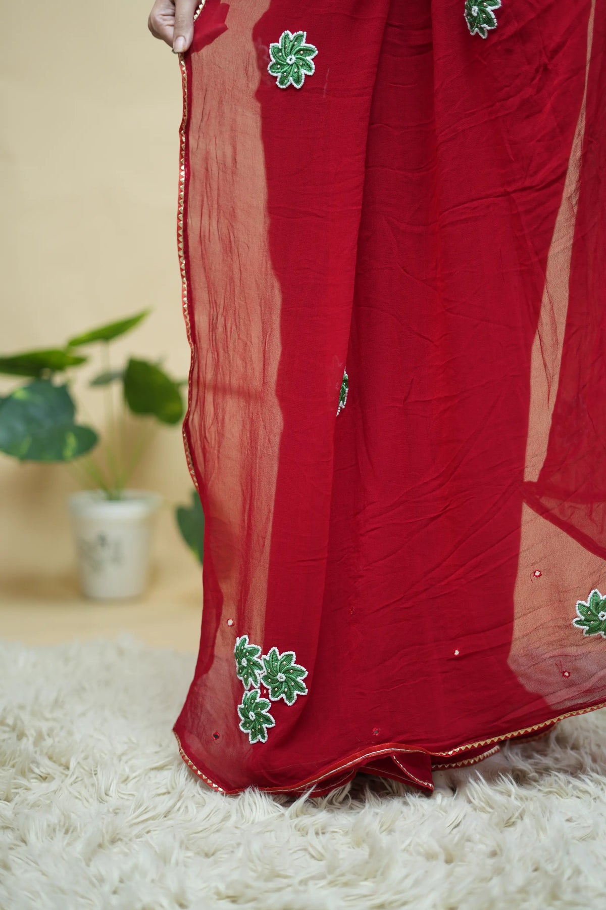 Pure Georgette Red Saree With Handwork Buti Pattern (With Blouse)