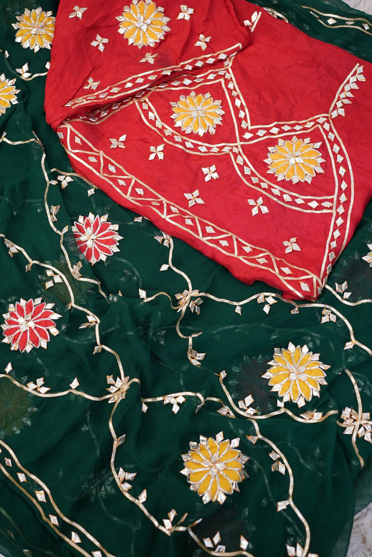 Pure Chiffon Gota Patti Handwork Saree Jaal Pattern with Aangi Style Unstitched Blouse | Odhani By SRN