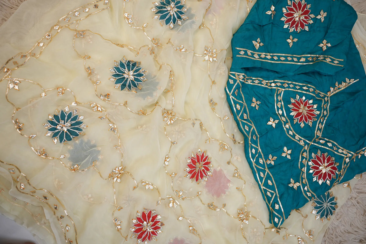 Pure Chiffon Gota Patti Handwork Saree Jaal Pattern with Aangi Style Unstitched Blouse | Odhani By SRN