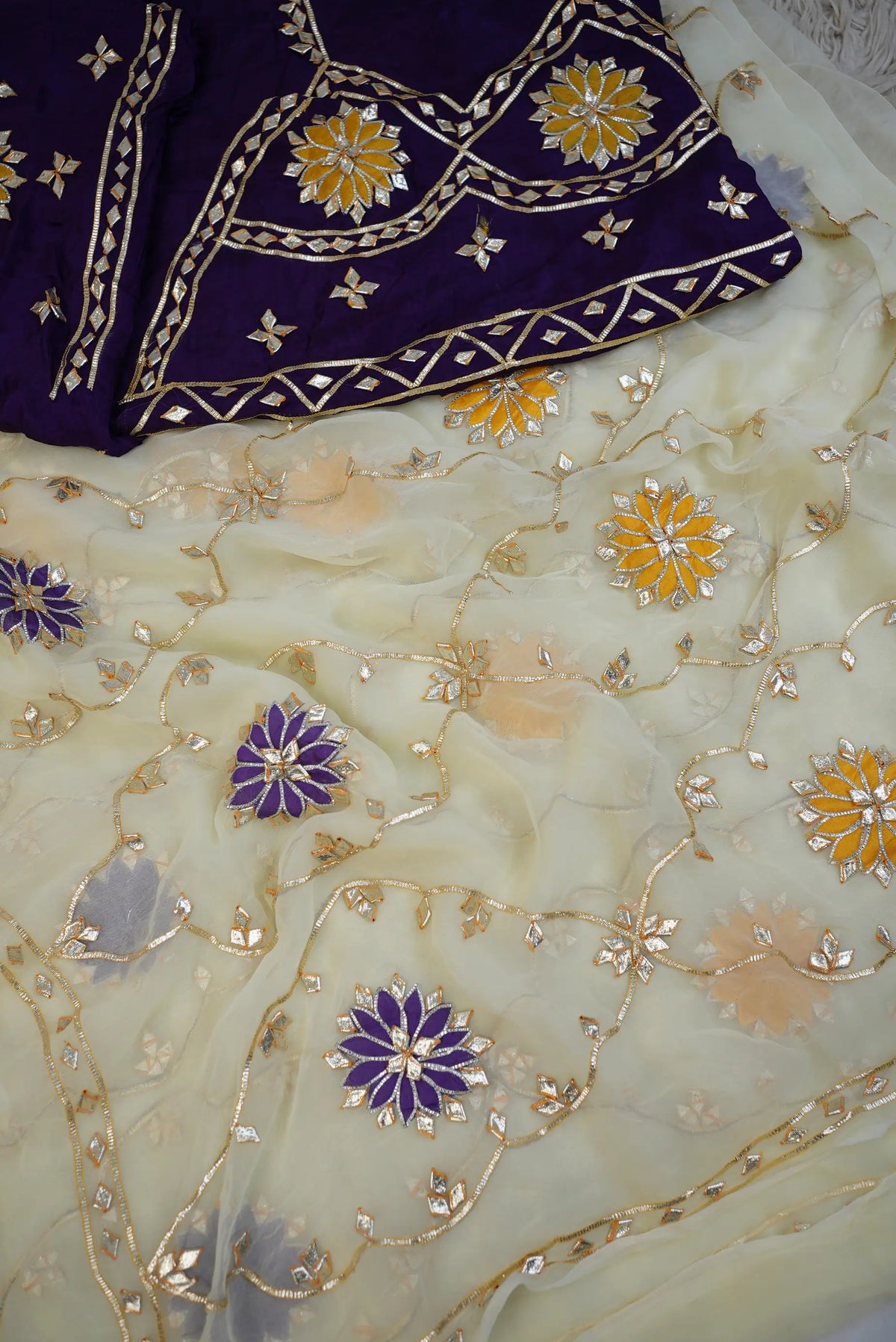 Pure Chiffon Gota Patti Handwork Saree Jaal Pattern with Aangi Style Unstitched Blouse | Odhani By SRN