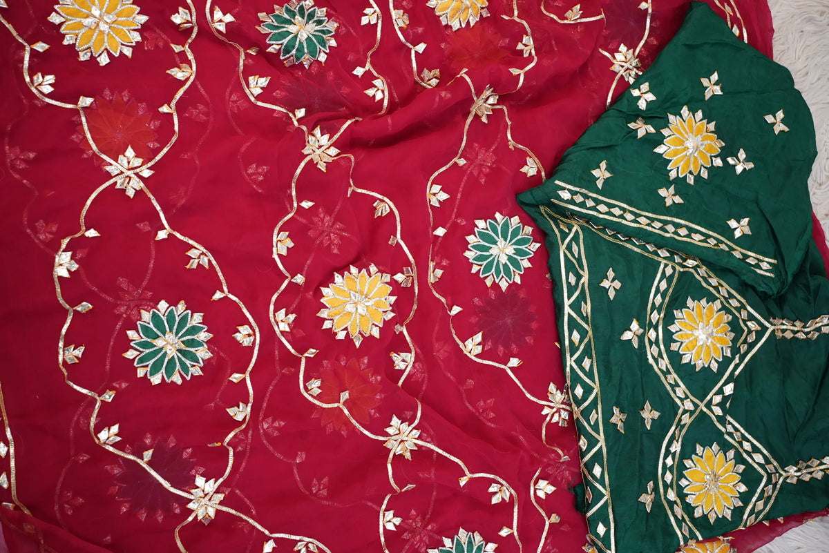 Pure Chiffon Gota Patti Handwork Saree Jaal Pattern with Aangi Style Unstitched Blouse | Odhani By SRN