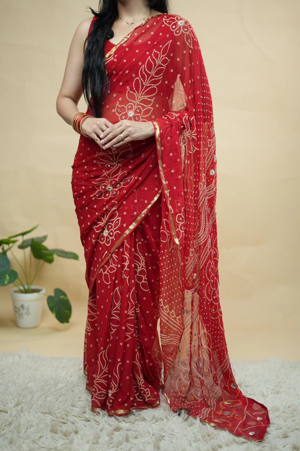Traditional Red Georgette Bandhani Print Saree with Cutdana & Mirror Handwork (With Blouse)
