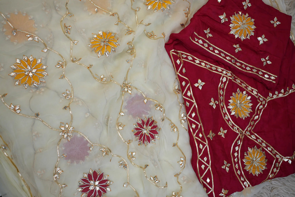 Pure Chiffon Gota Patti Handwork Saree Jaal Pattern with Aangi Style Unstitched Blouse | Odhani By SRN