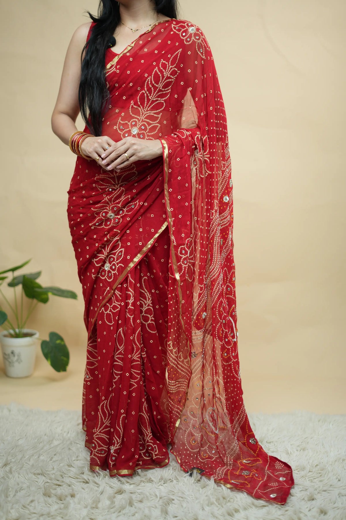 Traditional Red Georgette Bandhani Print Saree with Cutdana & Mirror Handwork (With Blouse)