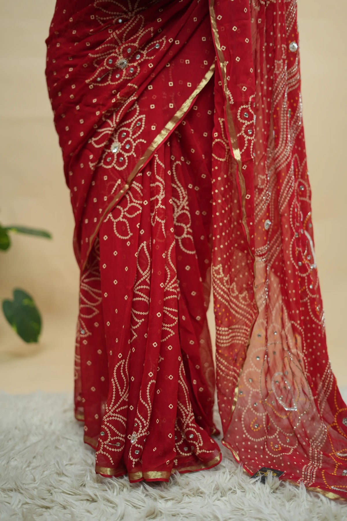Traditional Red Georgette Bandhani Print Saree with Cutdana & Mirror Handwork (With Blouse)