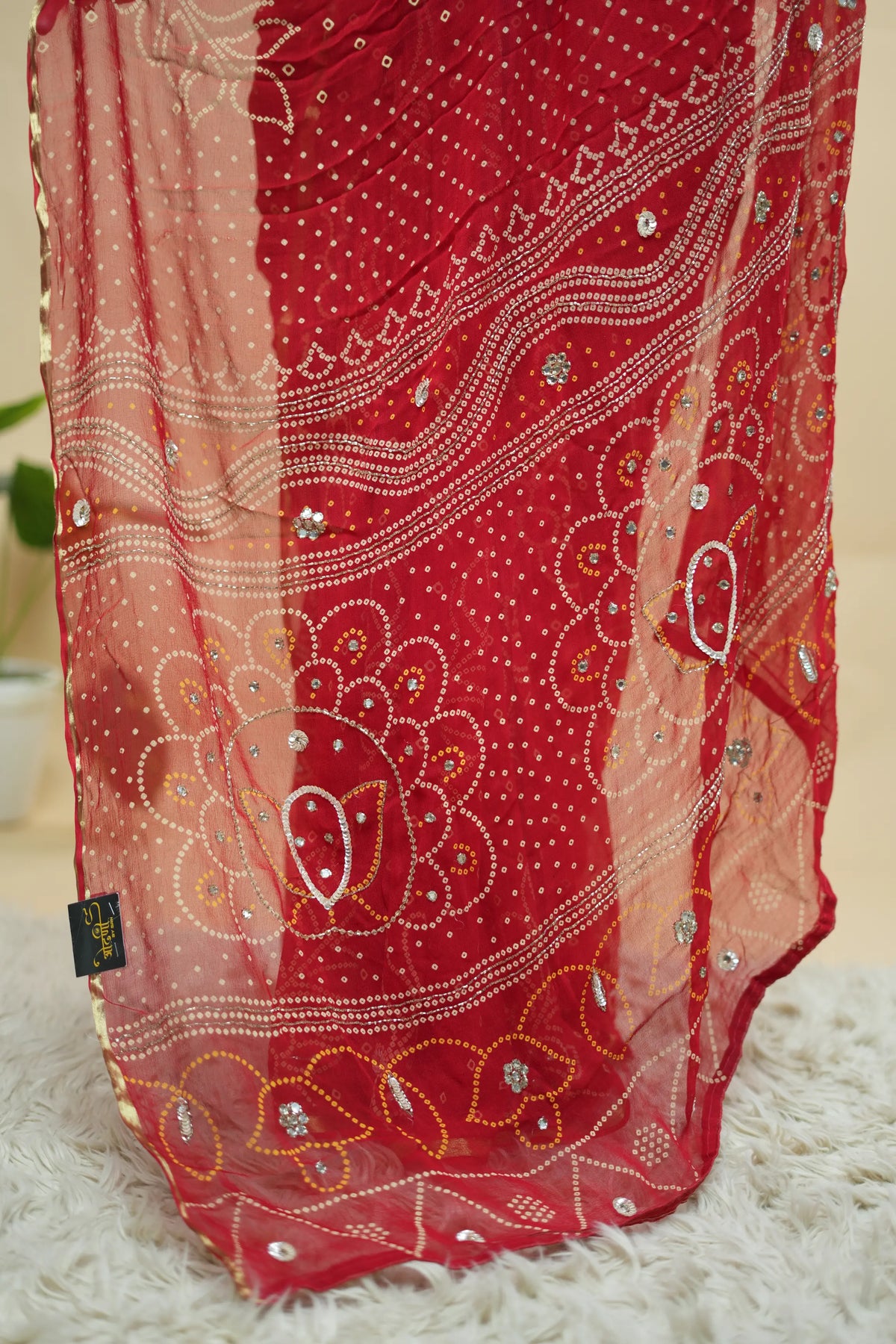 Traditional Red Georgette Bandhani Print Saree with Cutdana & Mirror Handwork (With Blouse)