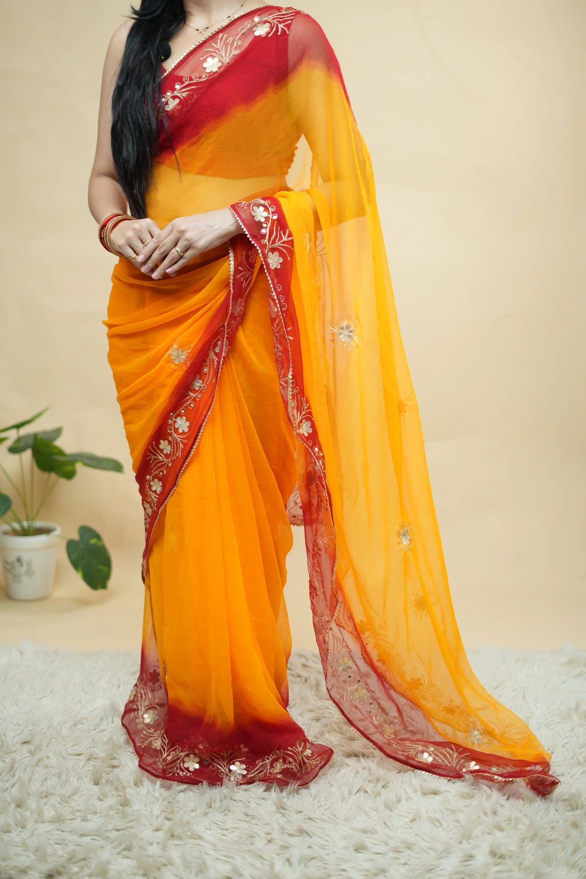 Shekhawati Pila Saree With Jaipuri Gota Patti & Kasab Work on 30/30 Georgette (With Blouse)