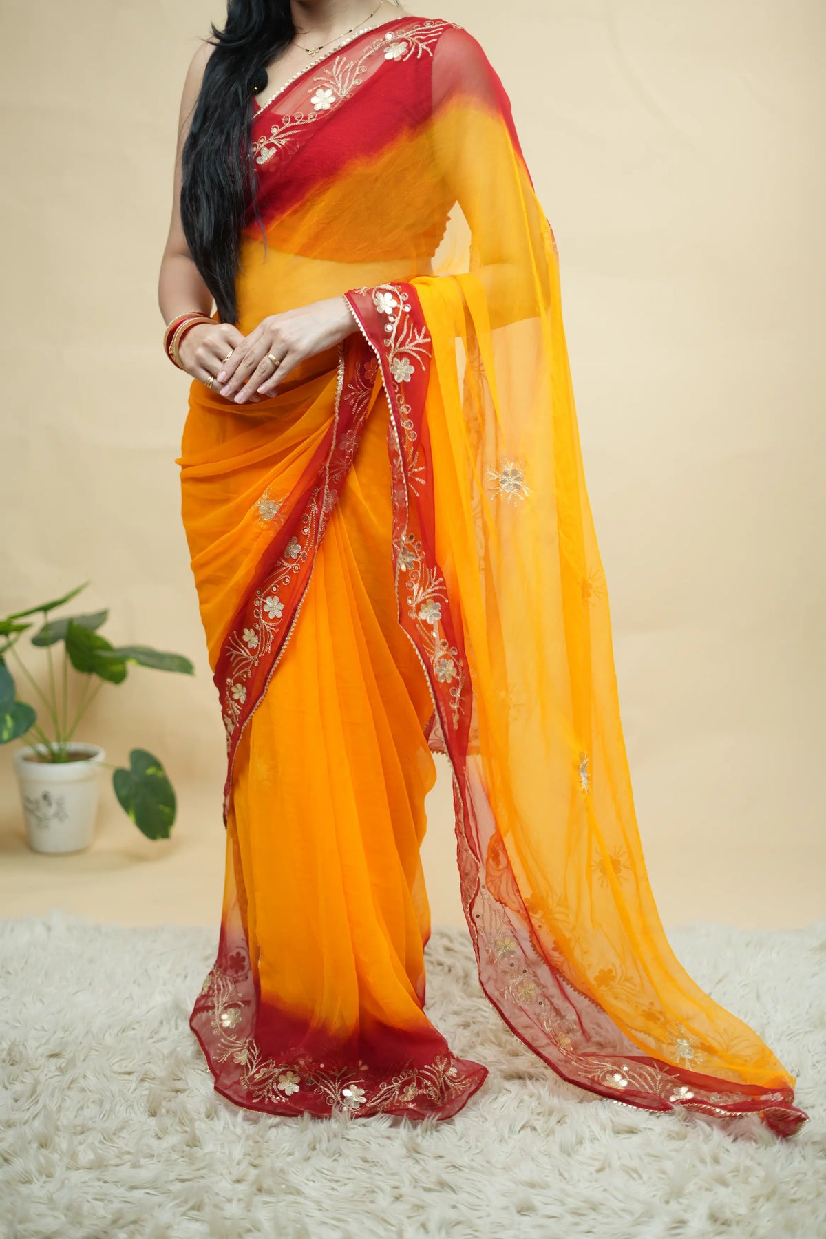 Shekhawati Pila Saree With Jaipuri Gota Patti & Kasab Work on 30/30 Georgette (With Blouse)