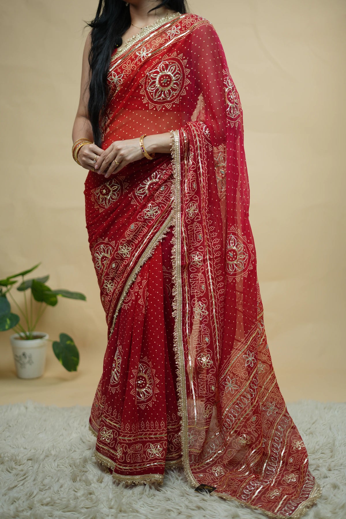 Traditional Rajasthani Charki Gota & Kachi Gota Patti Handwork Viscose Georgette Saree (With Blouse)
