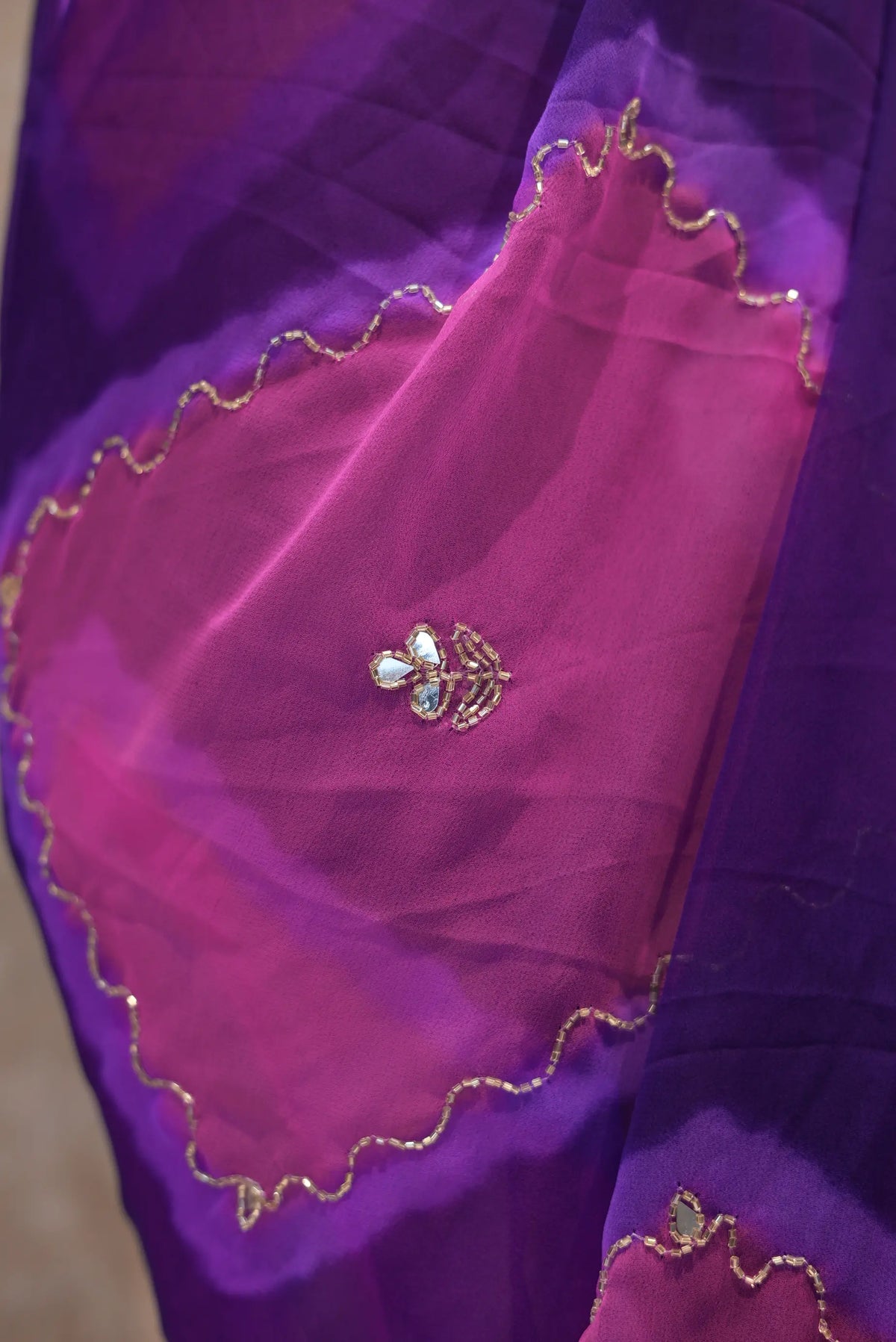 Pure Georgette Dual Tone Saree with Handcrafted Cut Dana & Mirror Zari Embroidery (with Blouse)