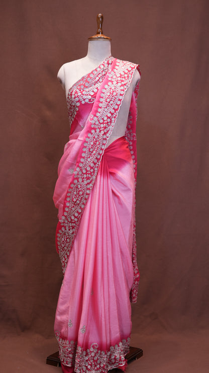 ROYAL CREPE FABRIC SAREE IN DOUBLE TONE WITH BUTI AND AARI WORK BORDER  (WITH AARI WORK BLOUSE ) ##SR611